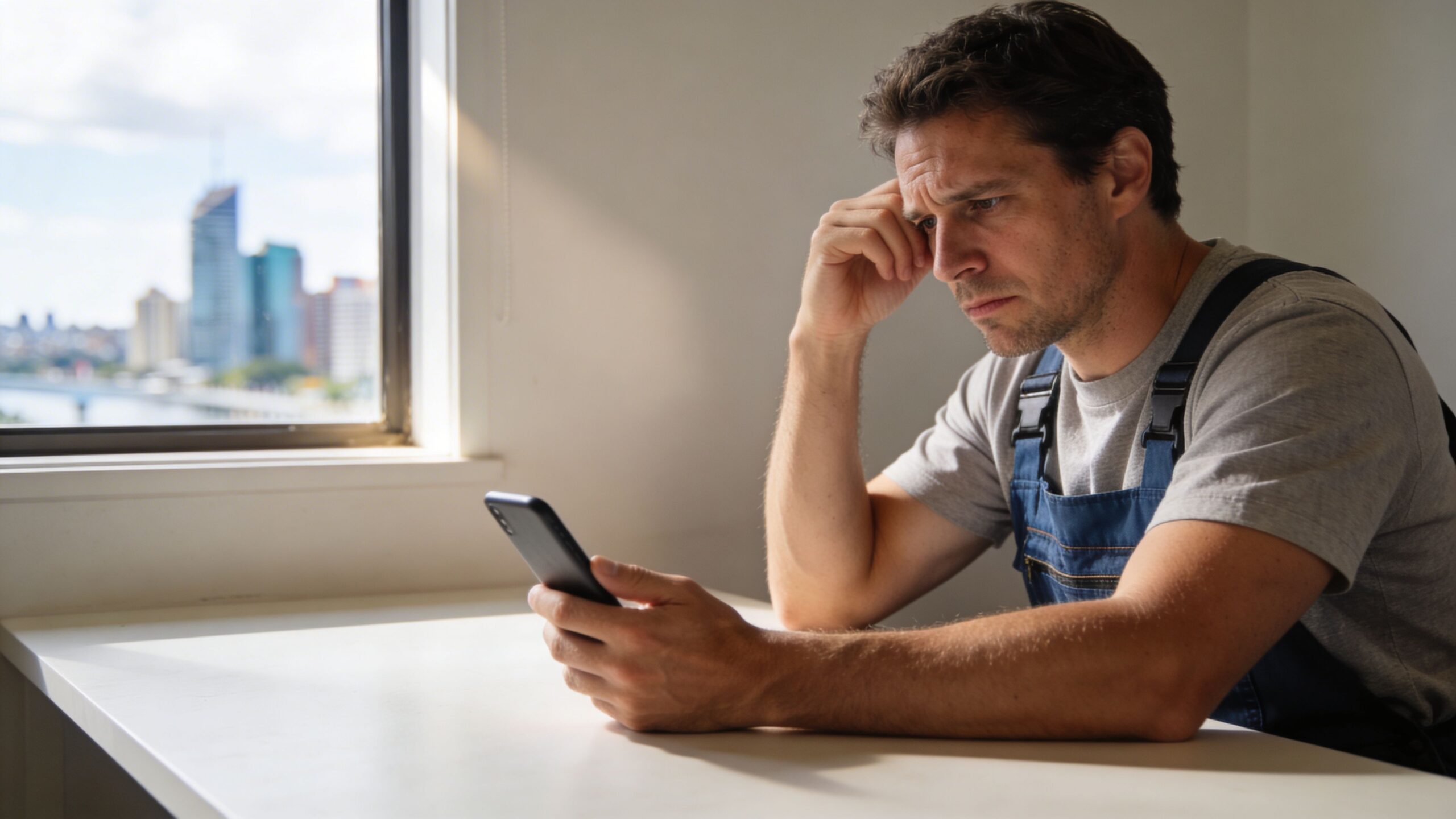 A concerned construction worker sitting by a sunny window looking at his smartphone with a serious expression.
