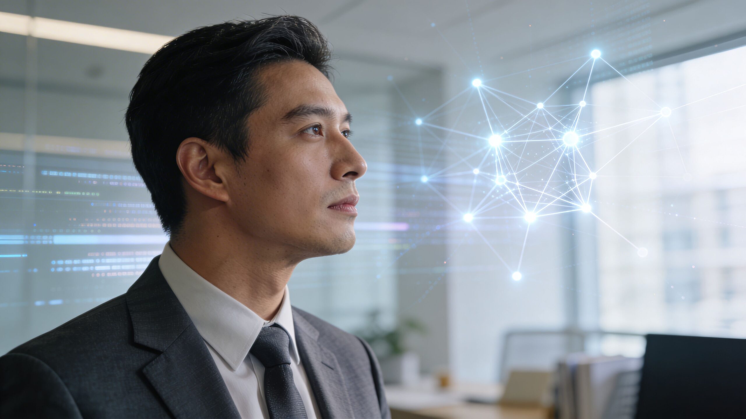 A professional Asian businessman in a suit looking at a glowing digital network connection hologram in an office.