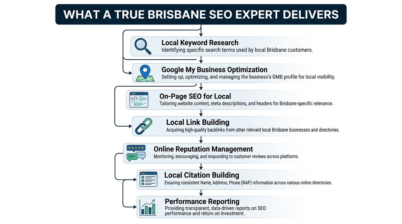 A flowchart infographic detailing the essential services provided by a professional local SEO expert in Brisbane.