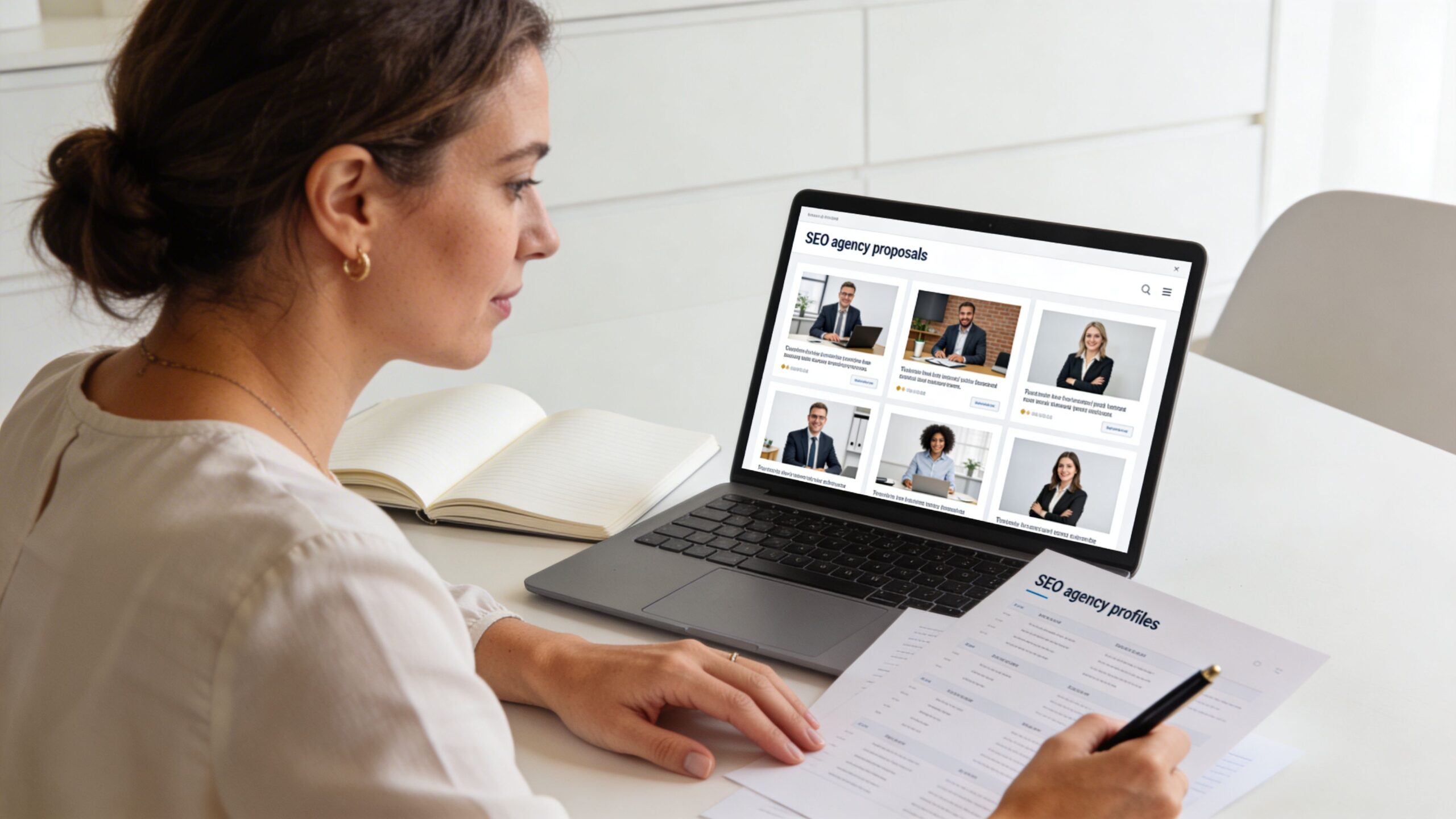 A professional woman reviewing SEO agency proposals on her laptop and paper documents at a bright desk.