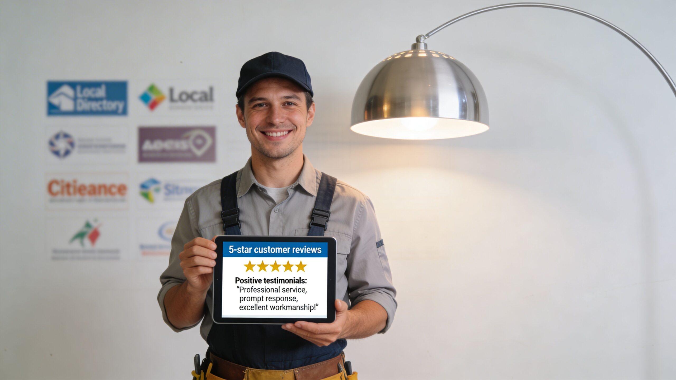 A professional tradie holding a tablet showing 5-star customer reviews and testimonials for his local services.