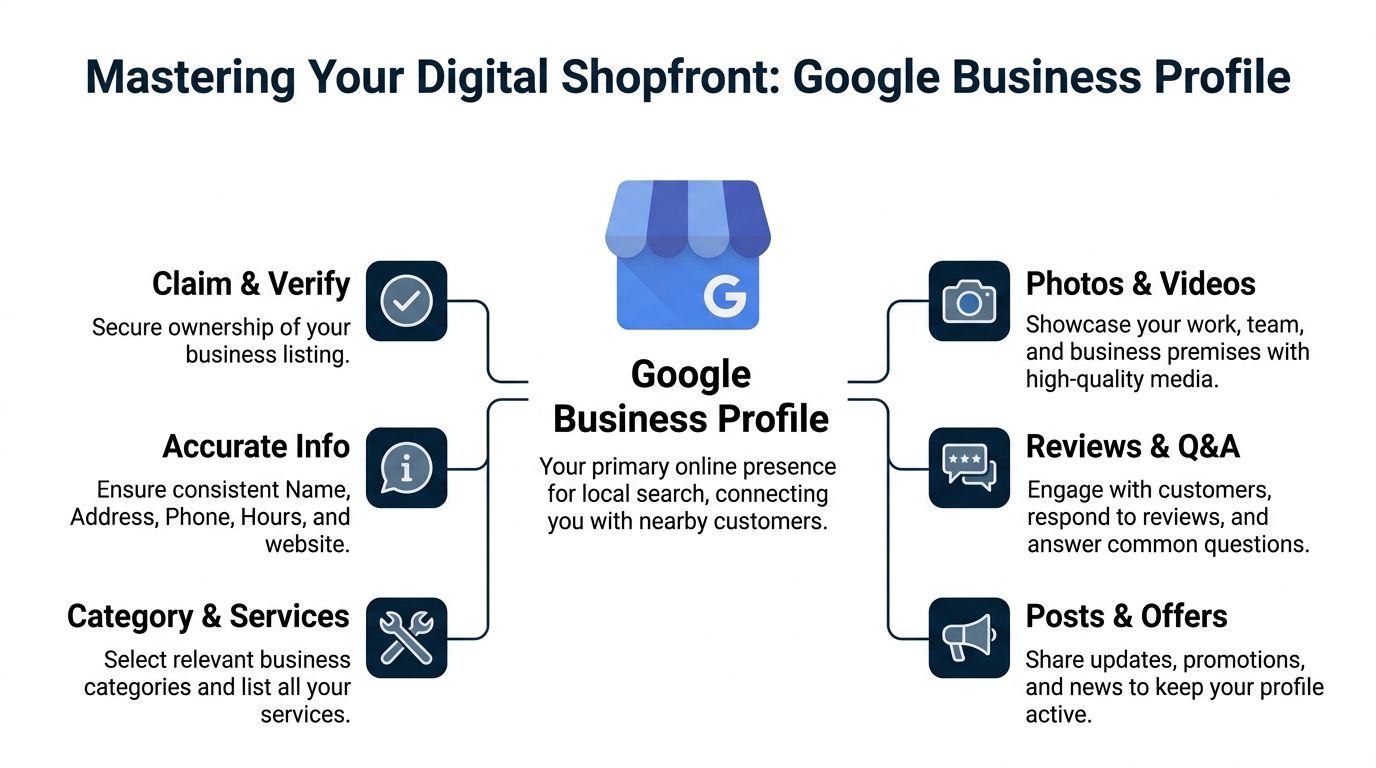 An infographic titled Mastering Your Digital Shopfront showing key steps for optimizing a Google Business Profile.