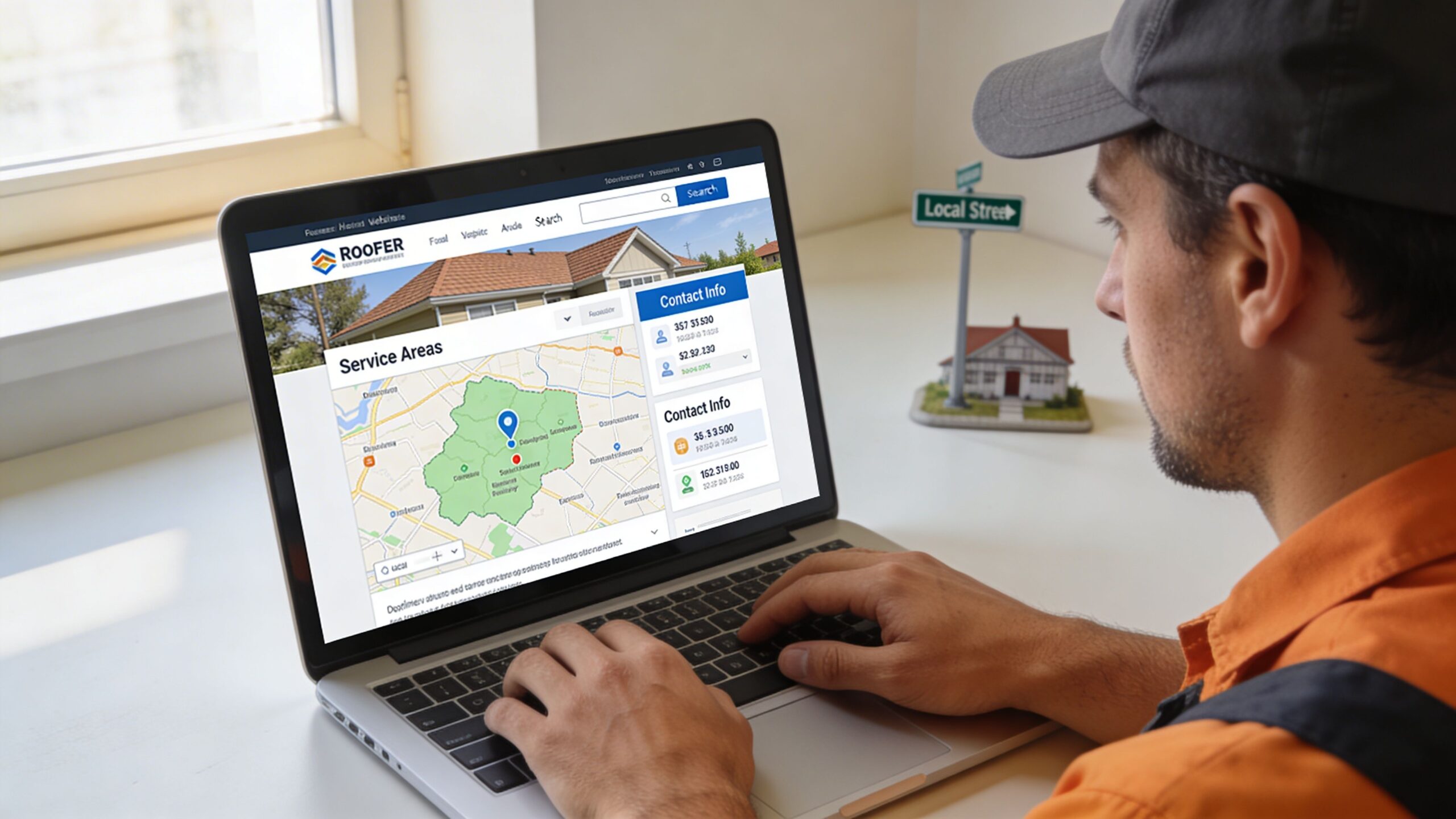 A professional tradesman working on a laptop computer to optimize his local business web presence.