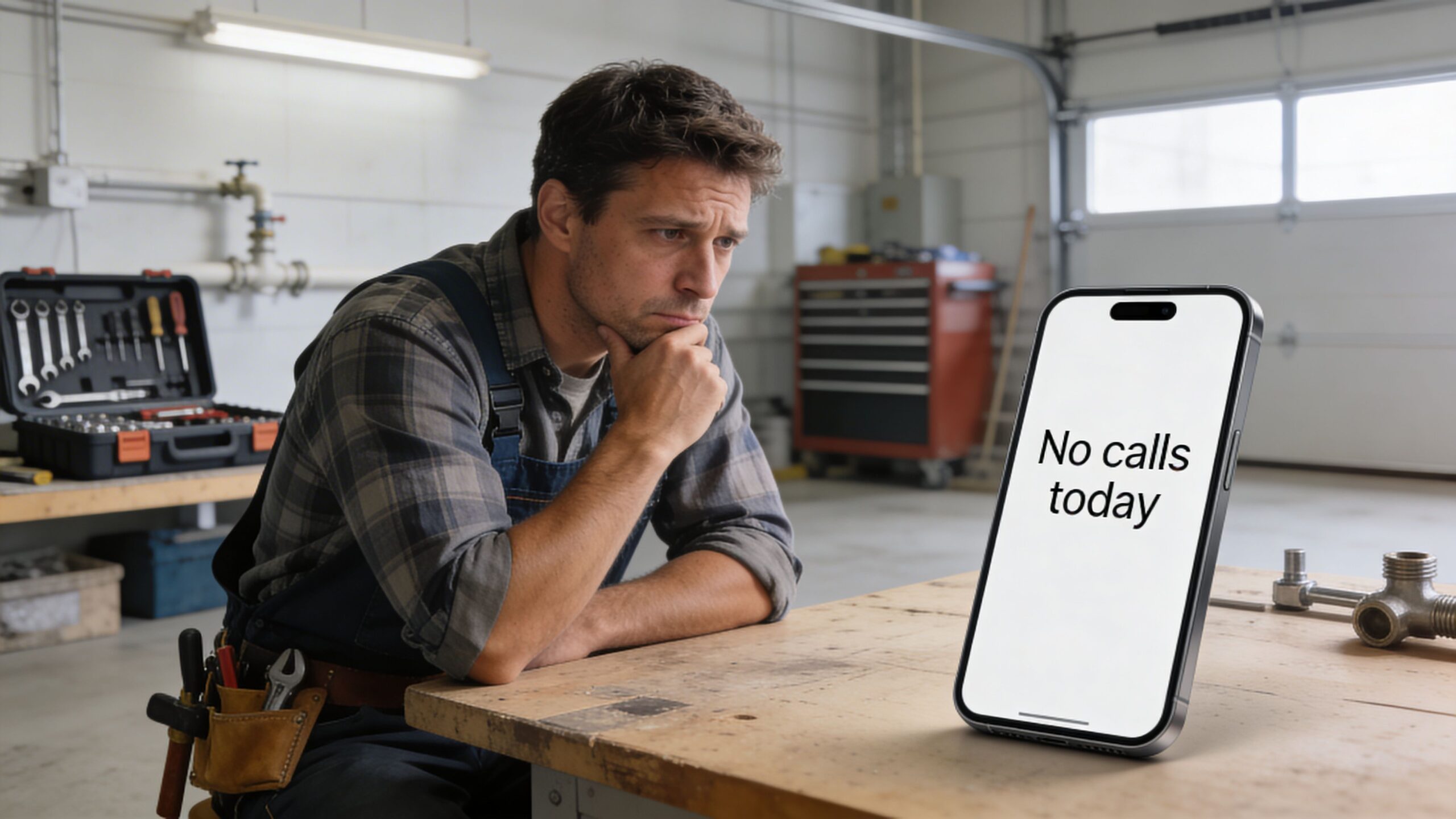 A concerned tradesman sitting in his workshop looking at a smartphone screen displaying no calls today.