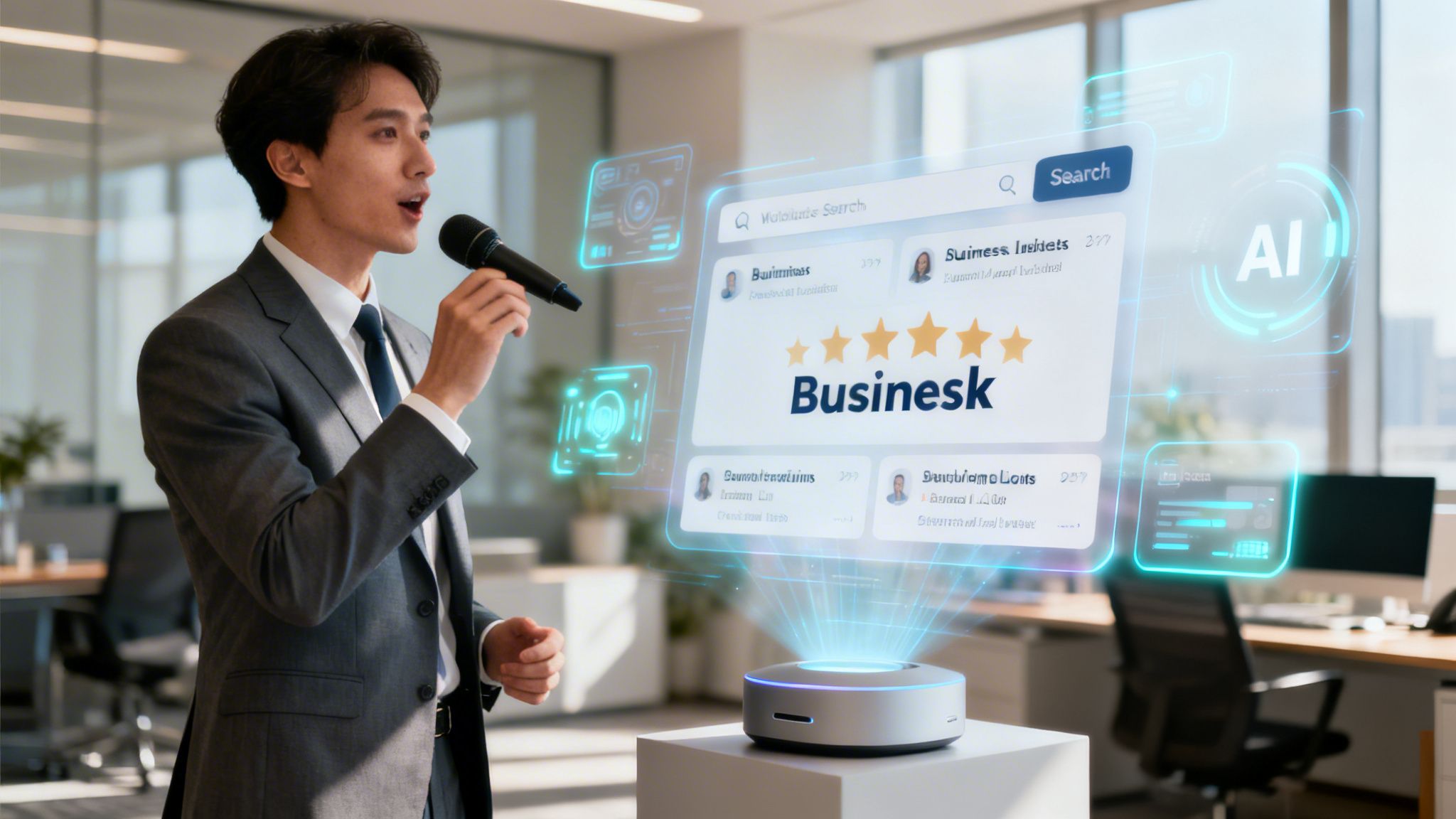 A professional man speaks into a microphone while a futuristic AI interface displays business ratings and search results.
