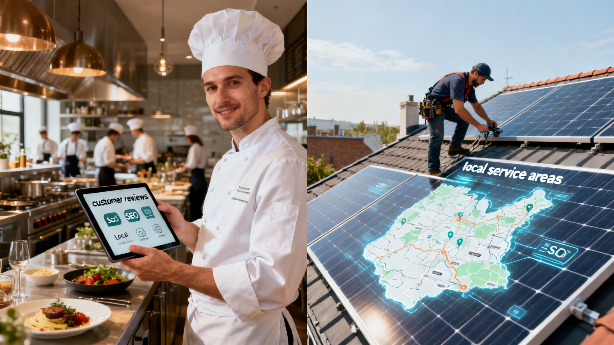 A chef showing customer reviews on a tablet alongside a technician installing solar panels with maps.