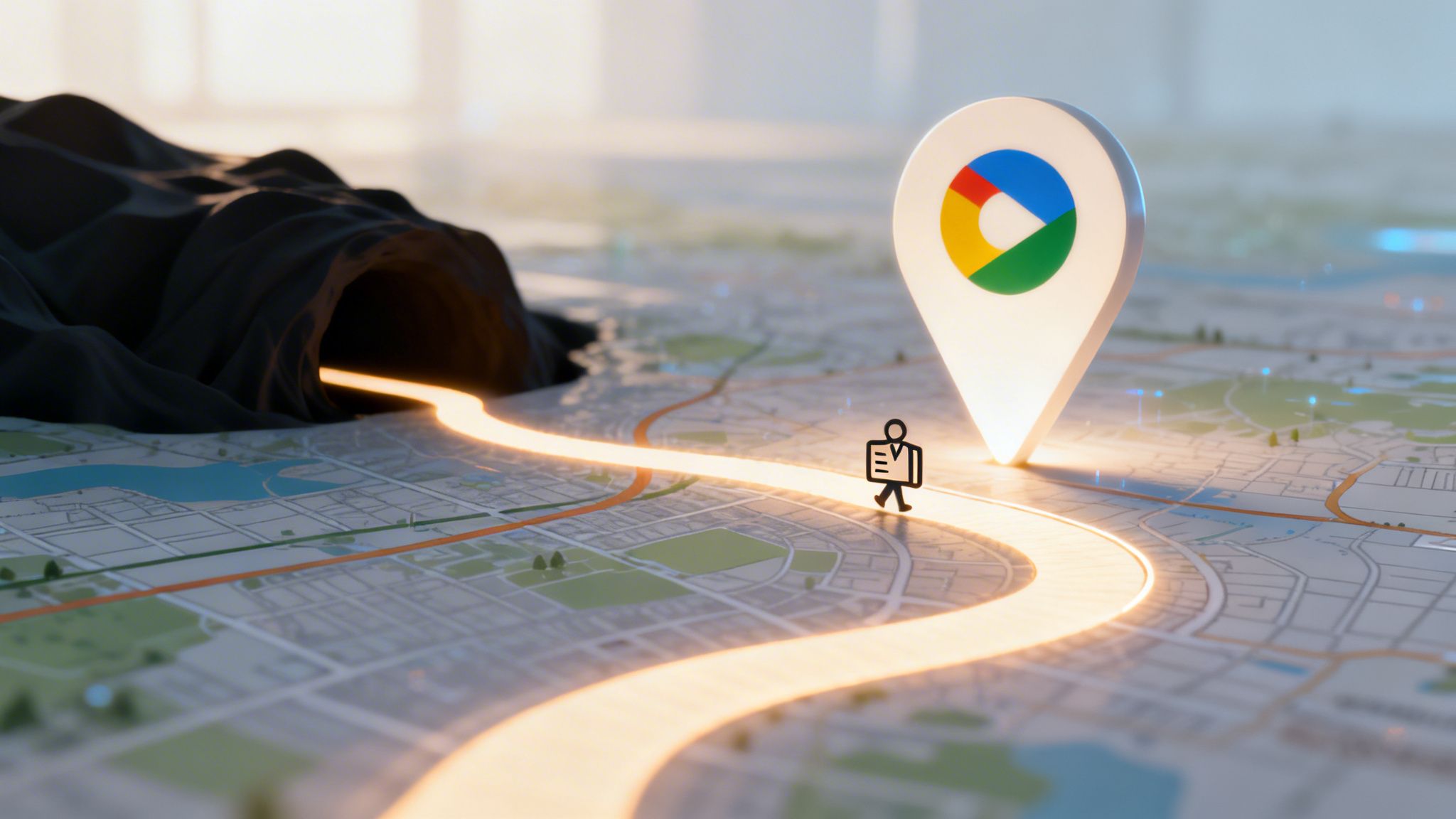A 3D conceptual map shows a glowing path leading to a business location marker, symbolizing local SEO services.