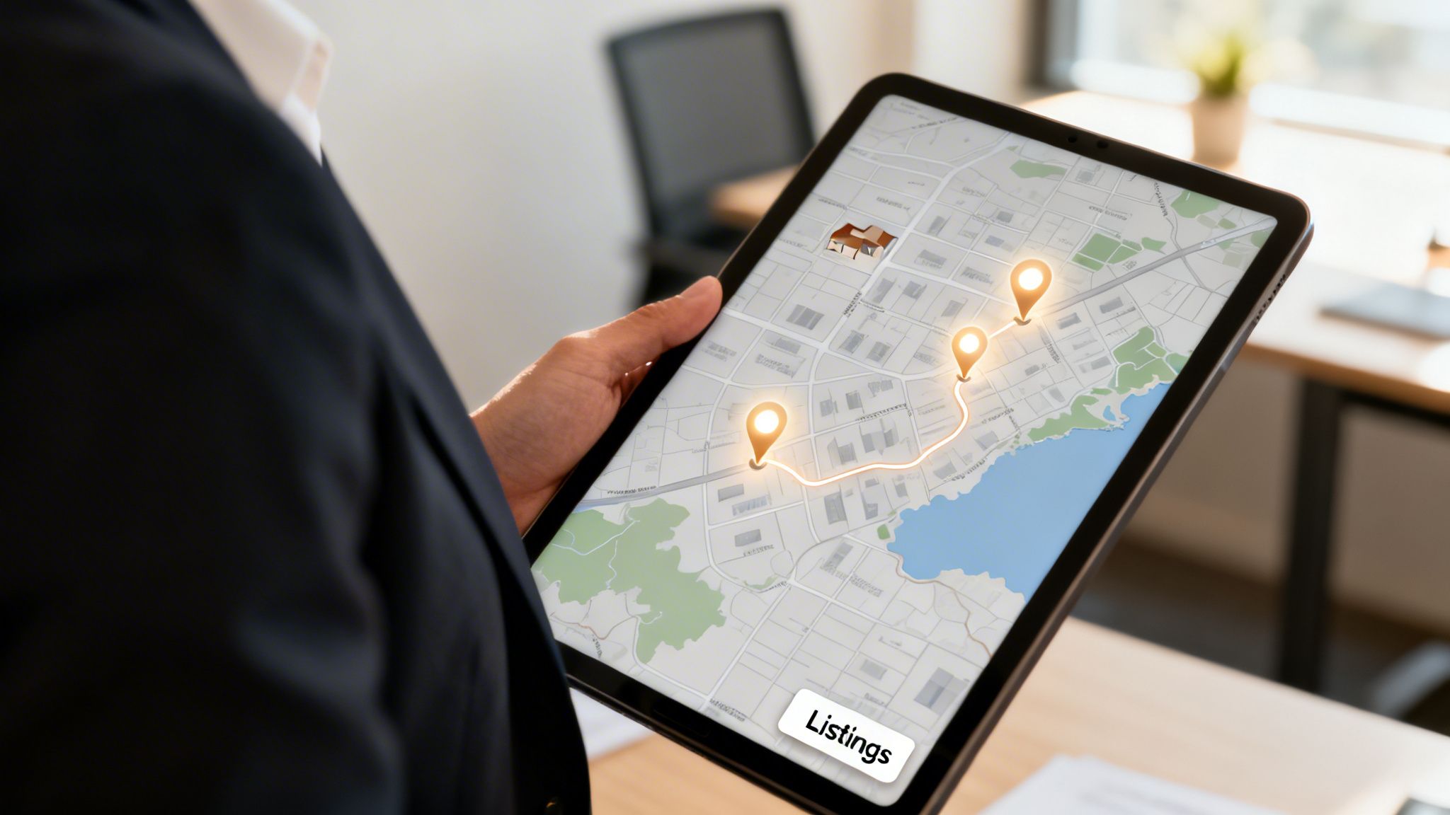 Person holding a tablet displaying a map with real estate listings and glowing location pins.