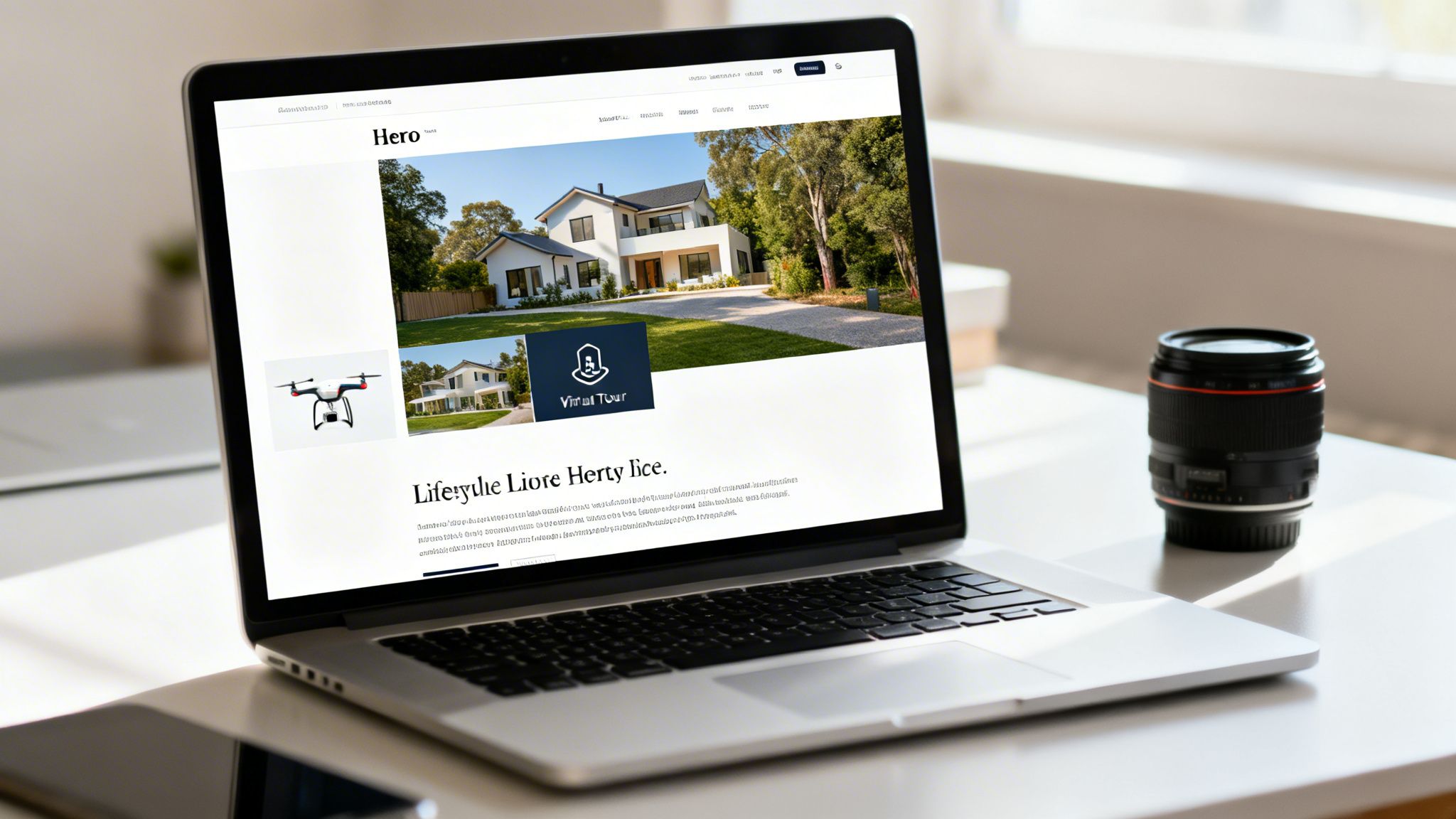 A silver laptop displays a real estate website featuring a modern house, a drone, and a virtual tour option.