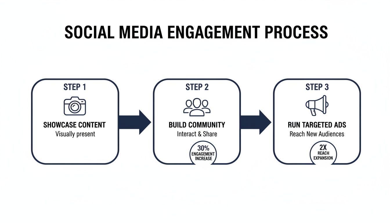 A diagram illustrating a three-step social media engagement process for content, community, and ads.