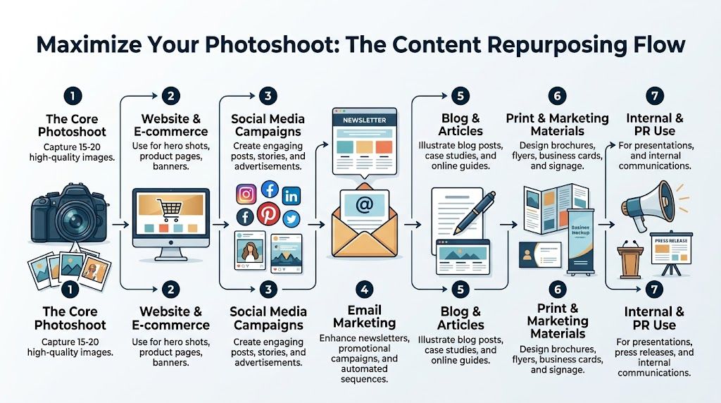 A diagram illustrating a seven-step process for repurposing professional photography for various business marketing channels.