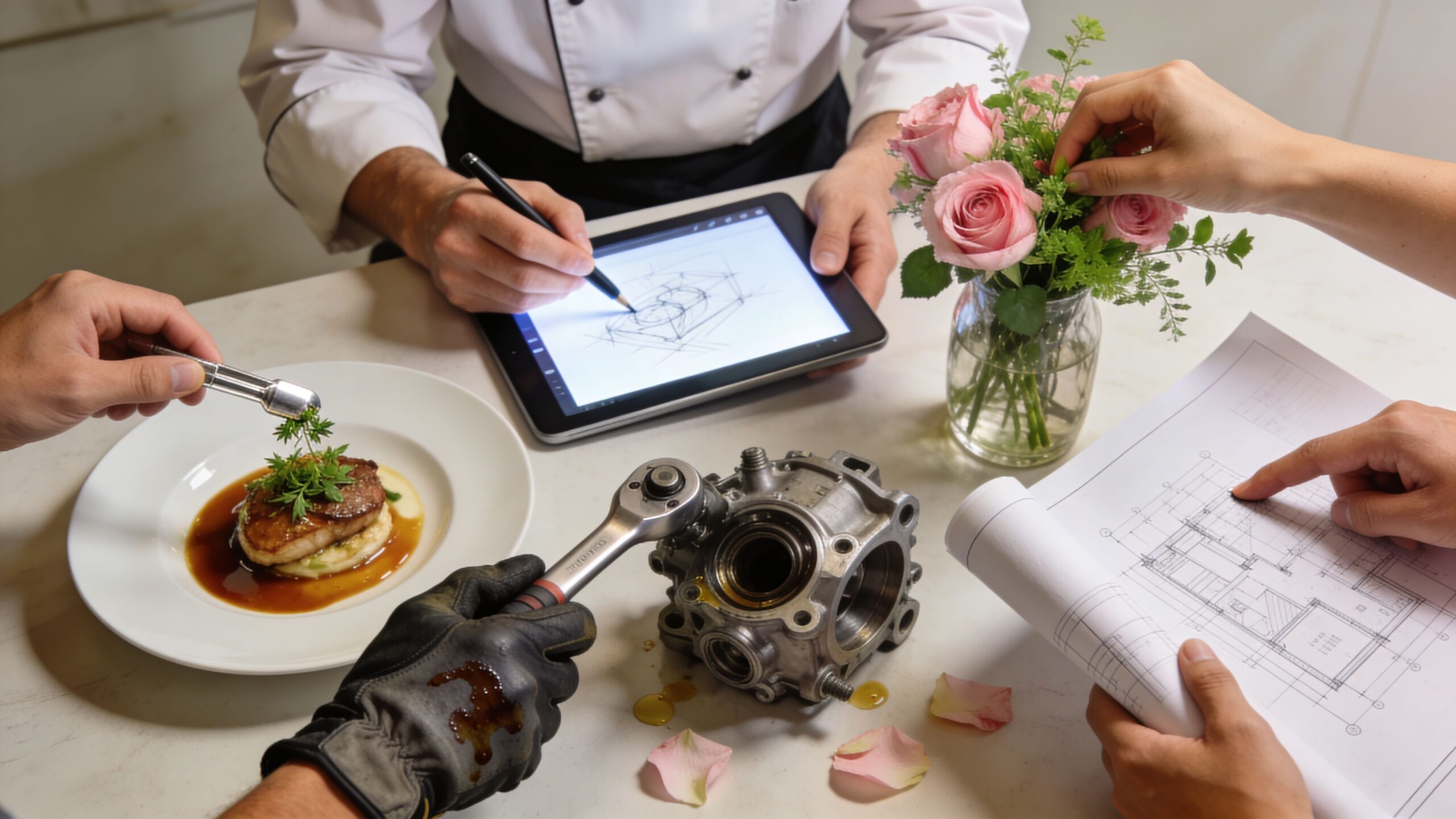 A conceptual meeting featuring a chef, mechanic, and professional collaborating on design, food, and engineering projects at a table.