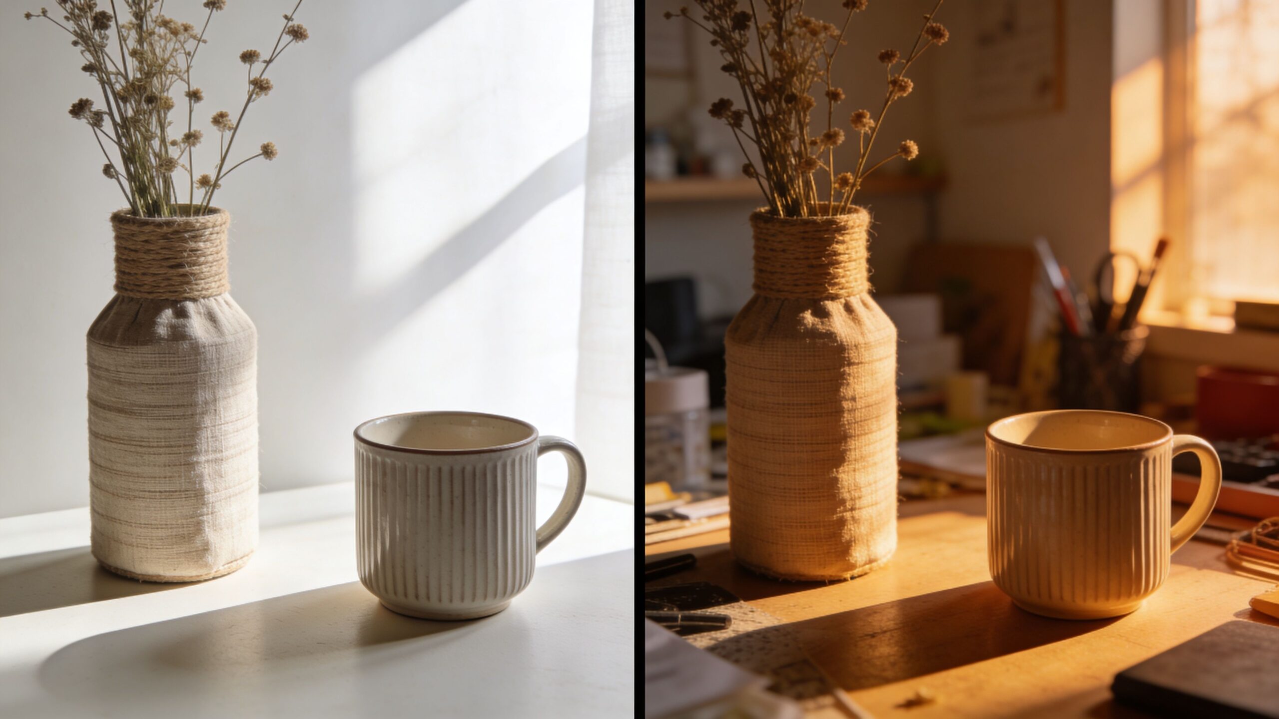 A split image showing a jute-wrapped vase and ceramic mug in natural sunlight and golden hour lighting.