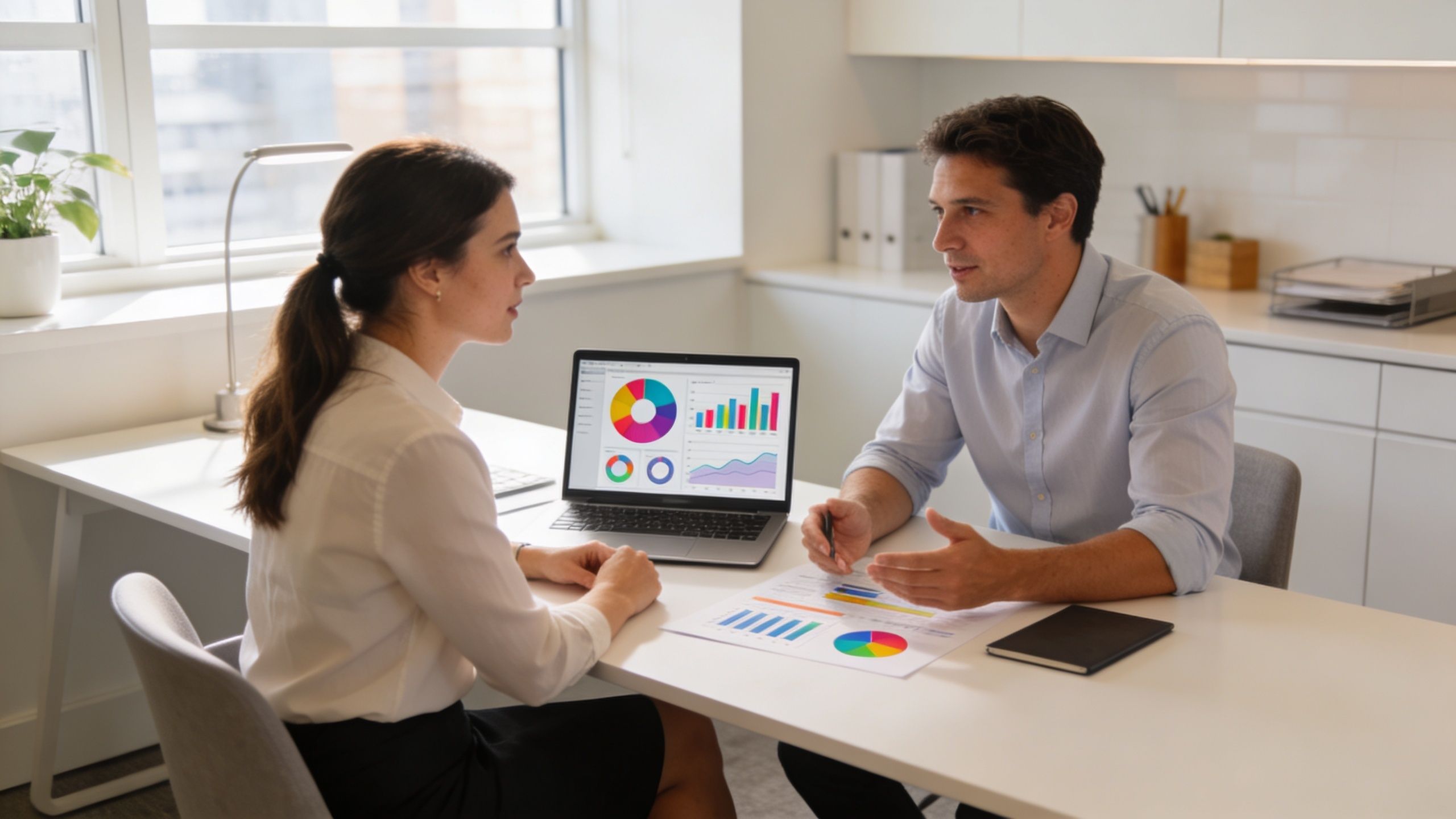 A professional man and woman discussing data reports and charts at a modern office desk.