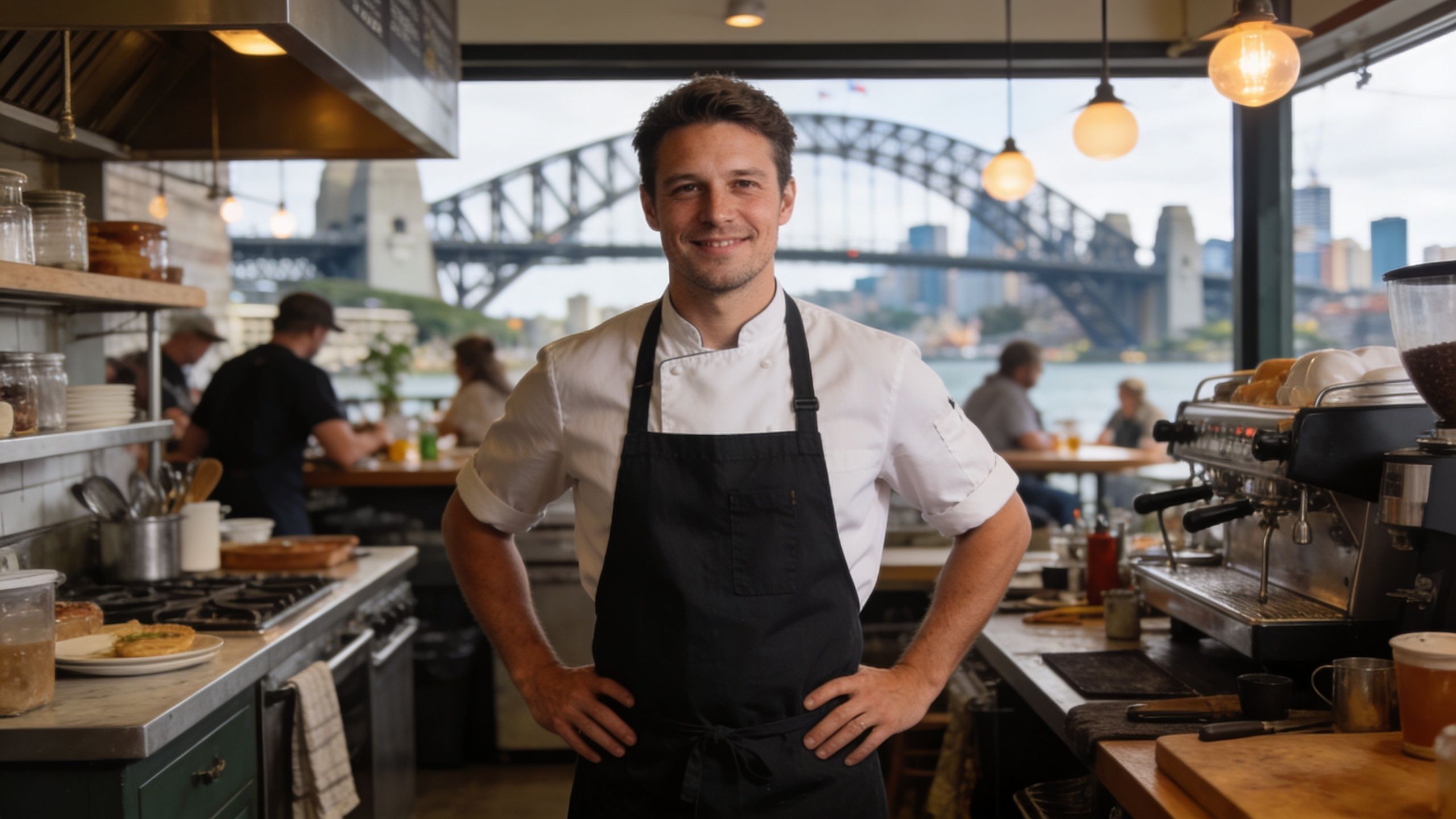 A friendly chef wearing a white coat and black apron standing in a kitchen overlooking Sydney Harbour.