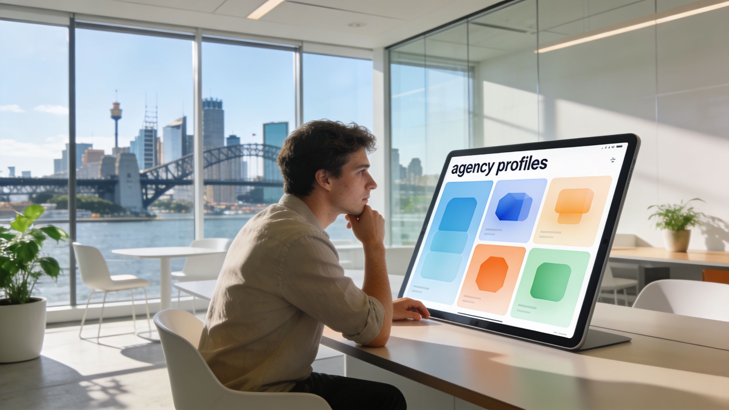 A professional analyzing digital agency profiles on a large screen with the Sydney Harbour Bridge background.