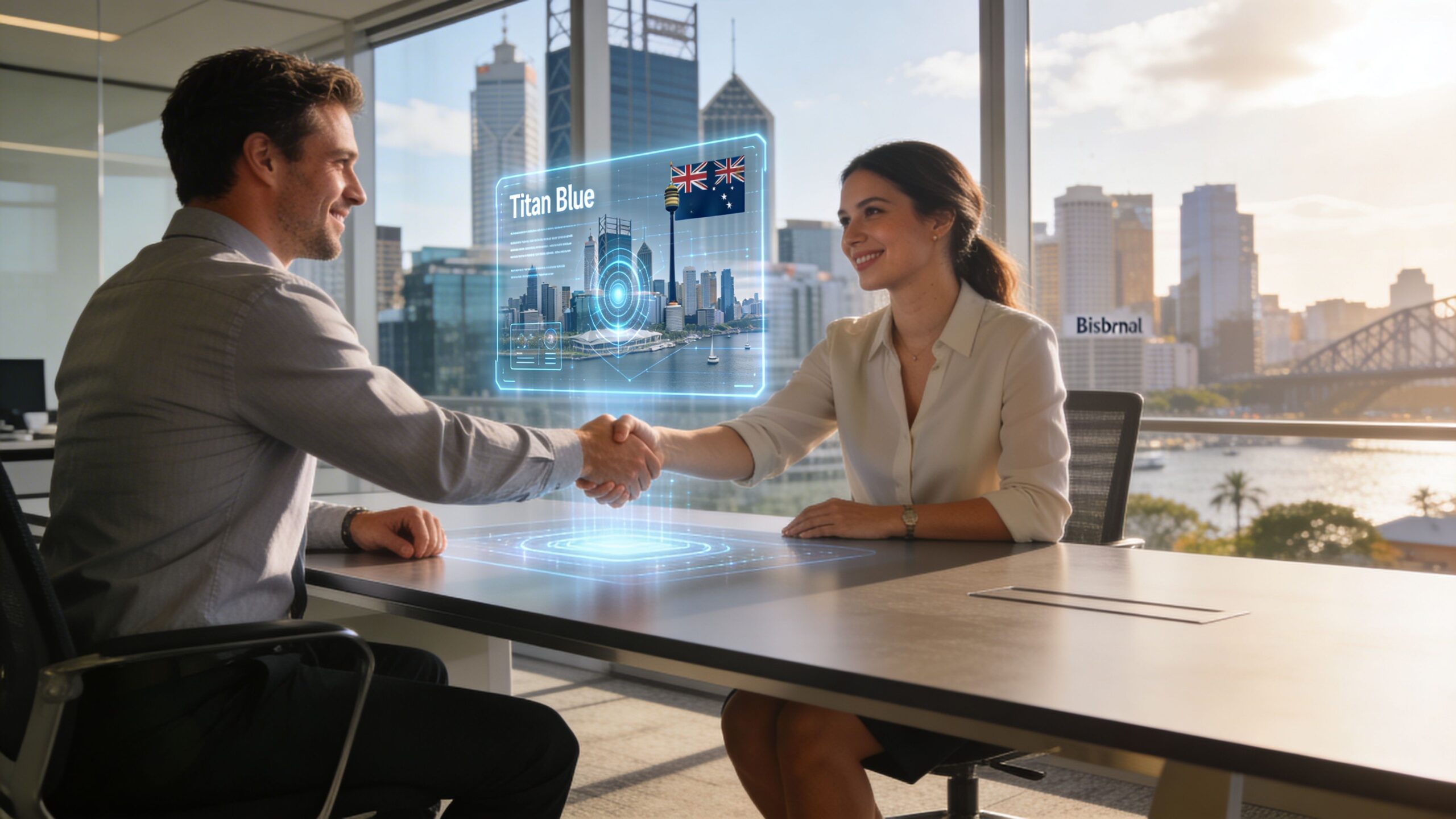 A professional man and woman shaking hands over a digital holographic table in a sunny office.