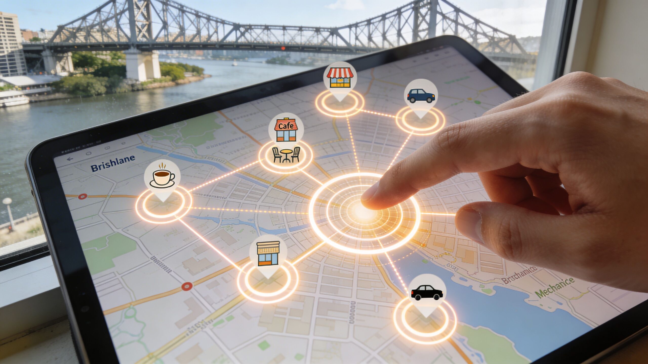 A hand using a digital tablet to interact with a map interface featuring various business location icons.