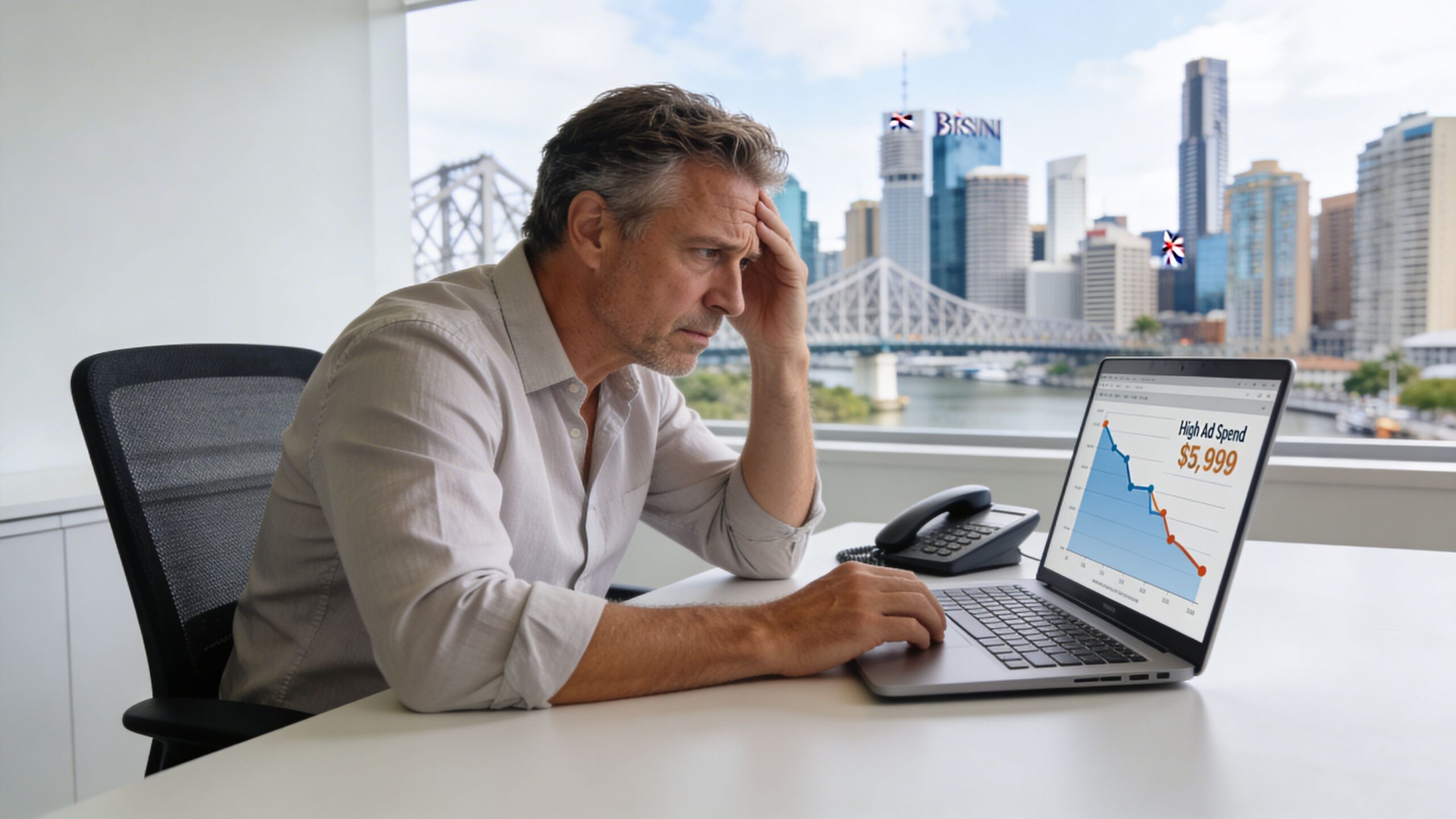 A stressed businessman sitting at an office desk looking at a laptop screen showing advertising expenditure data.