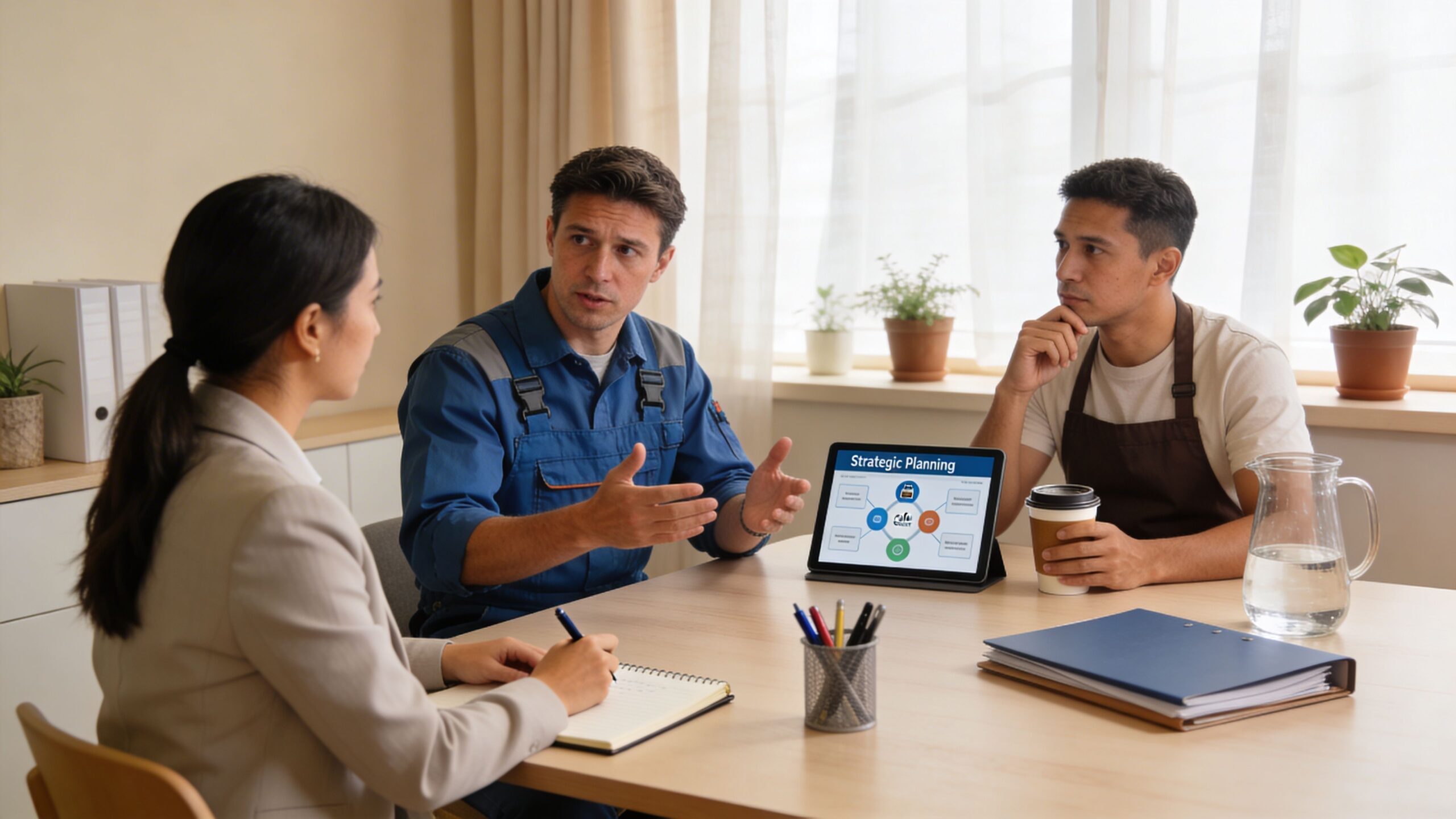 A professional business meeting with a woman and two men discussing strategy at an office table.