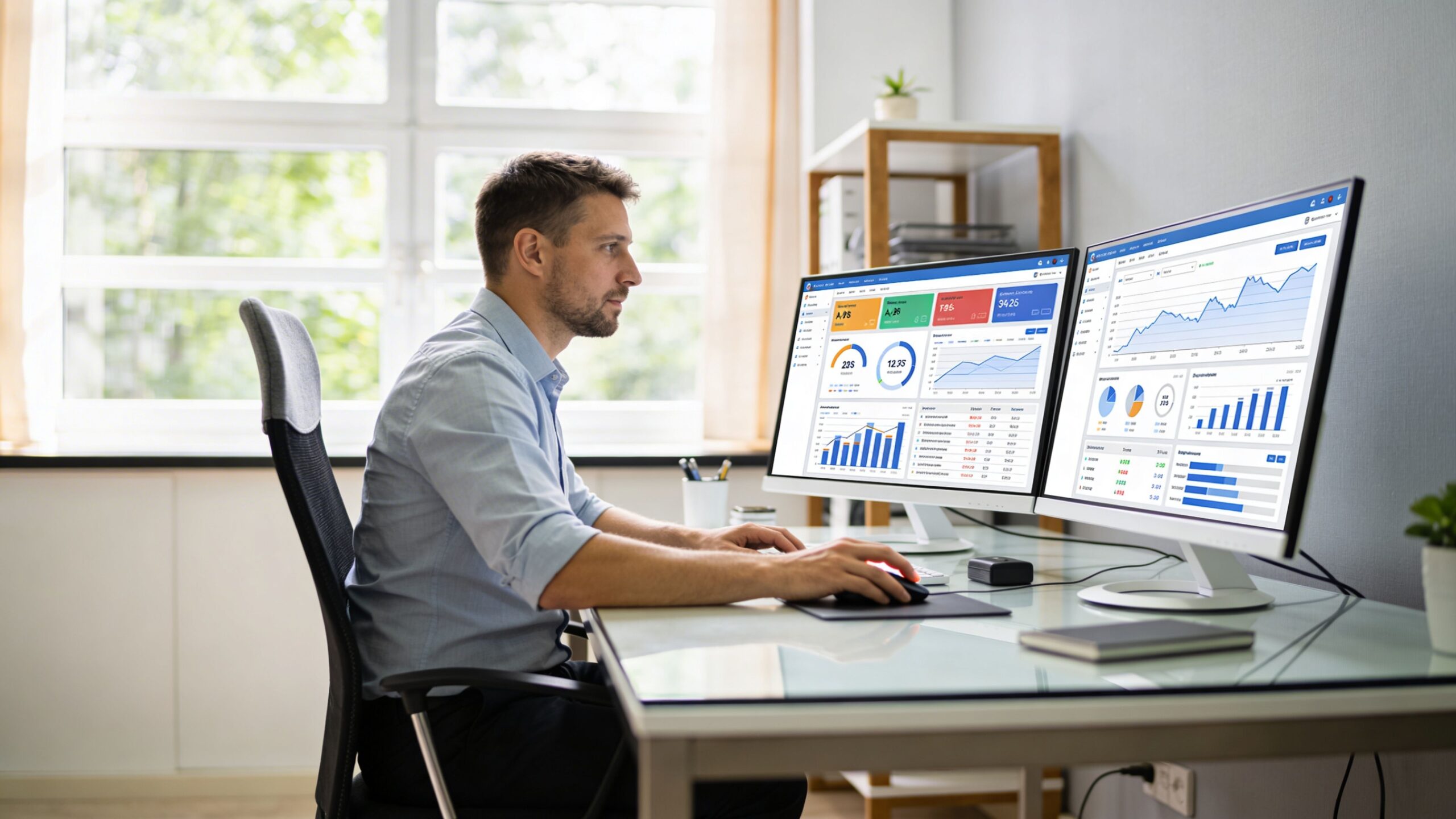 A professional man sitting at his desk working on data analytics dashboards using two computer monitors.