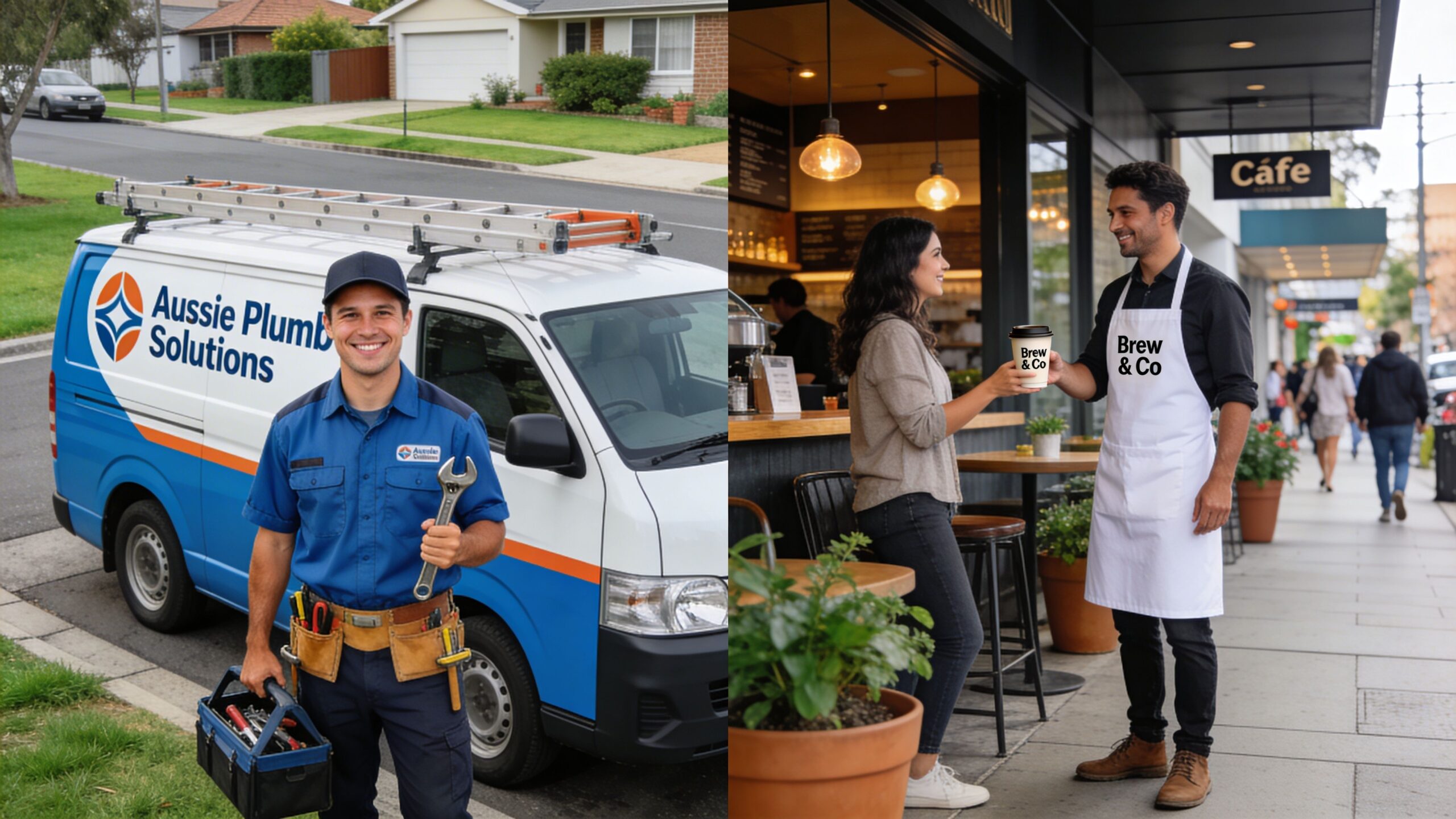 A split-screen image showing a professional plumber standing by his van and a friendly barista serving coffee.