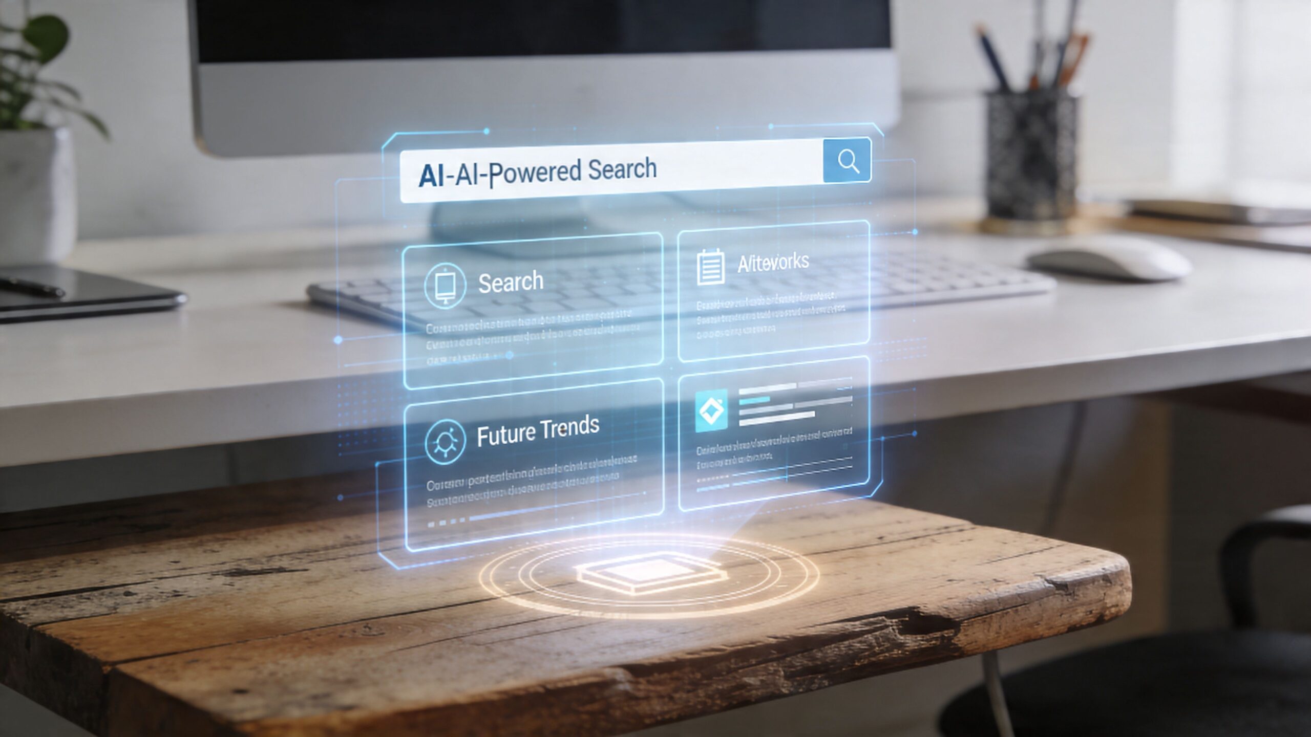 A futuristic holographic interface showing AI-powered search features hovering over a wooden office desk workspace.