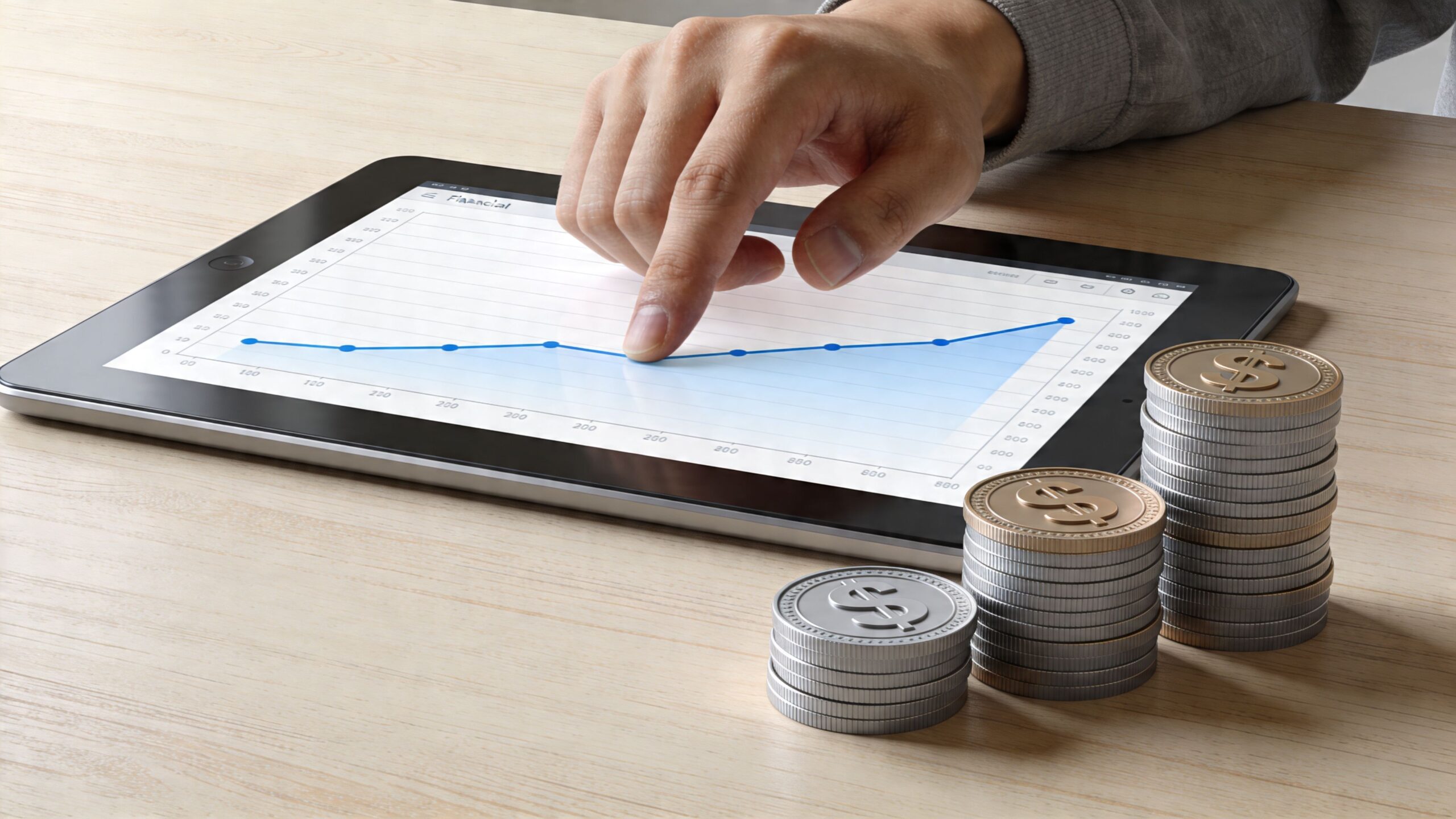 A hand pointing to a digital financial growth chart on a tablet next to stacks of coins.