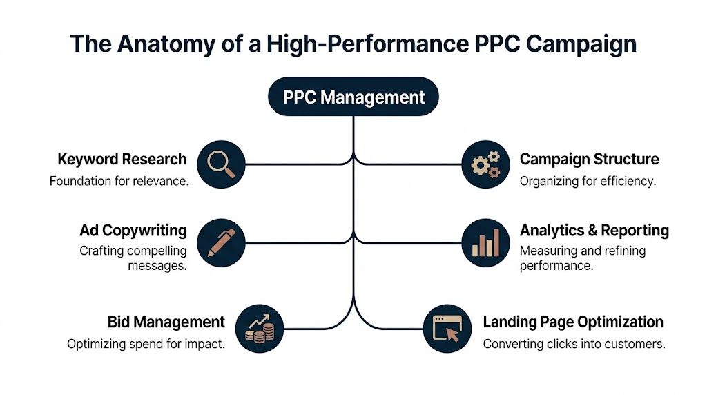 A diagram outlining the six core components of a high-performance PPC management strategy for digital marketing.