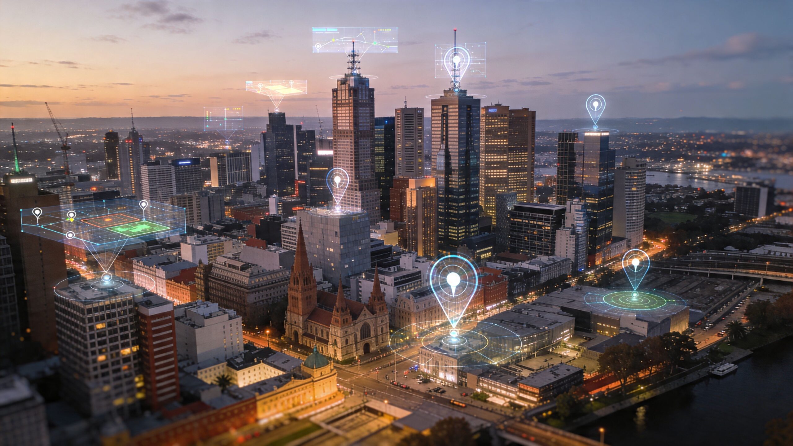 An aerial view of the Melbourne skyline at twilight overlaid with digital navigation markers and city data.