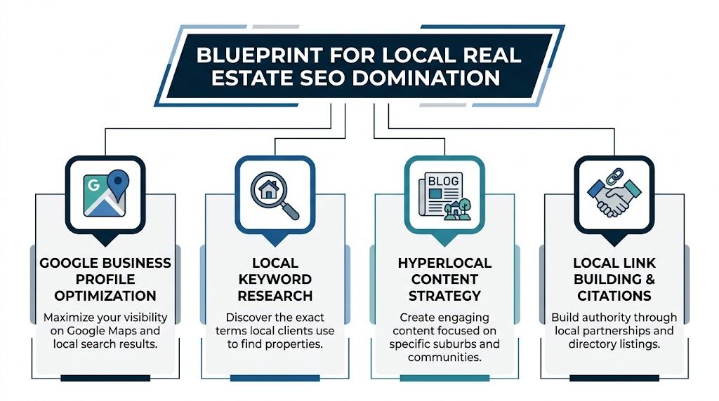 A diagram outlining a strategy for local real estate SEO domination through four key optimization steps.