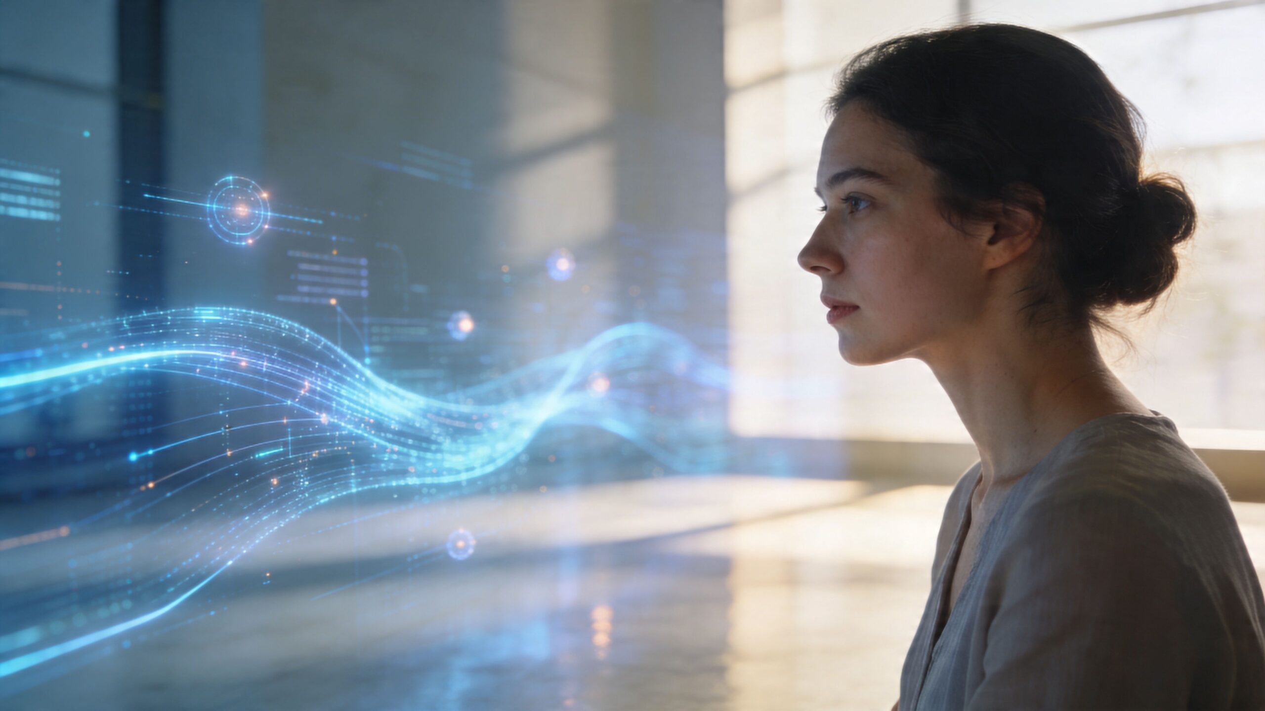 A young woman looking thoughtfully at a holographic digital data stream projected in a bright office space.