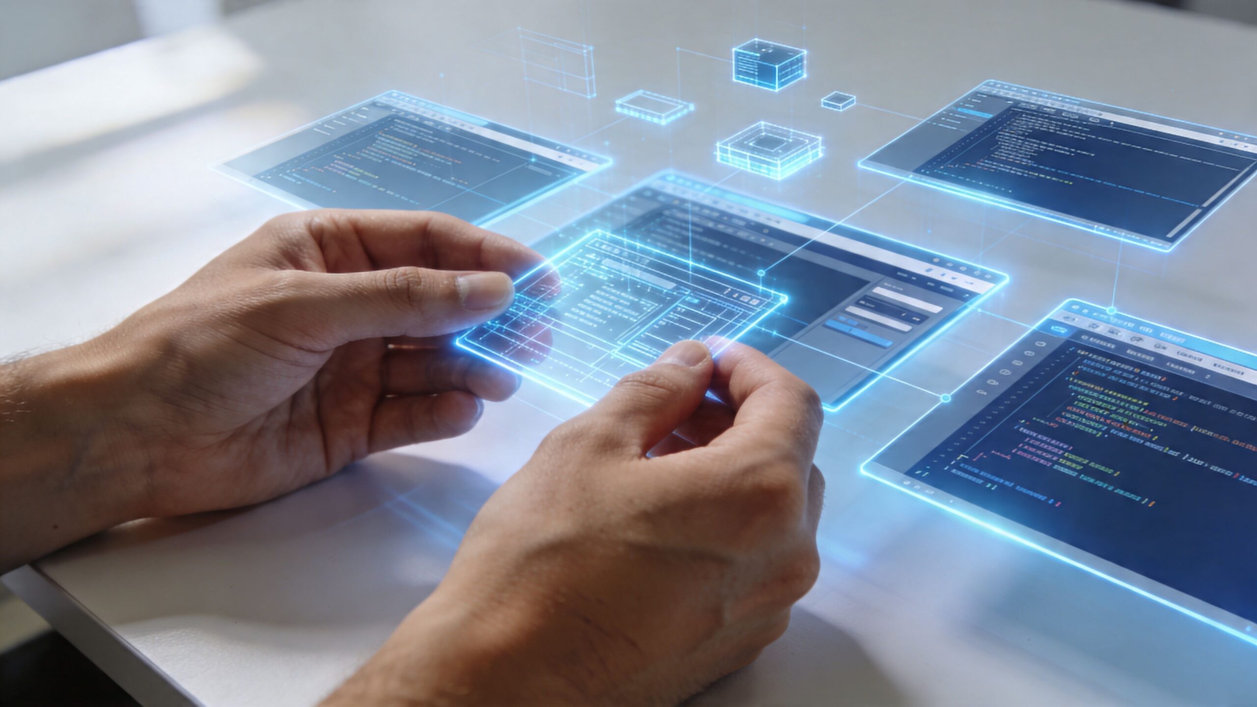 A person uses a digital holographic interface to manipulate architectural wireframe designs for real estate development.