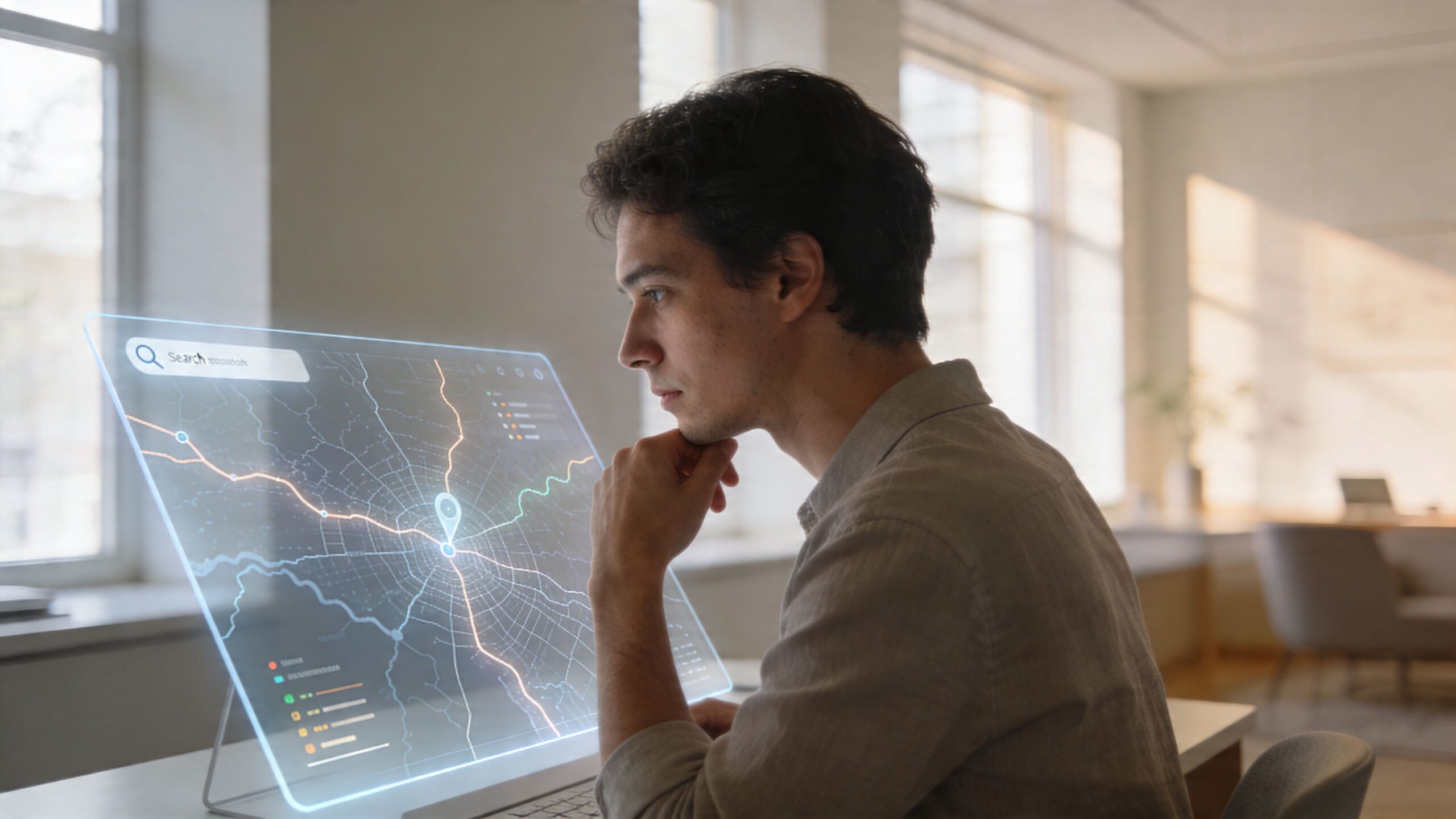A young man looking at a futuristic transparent digital display showing a map and urban navigation data.