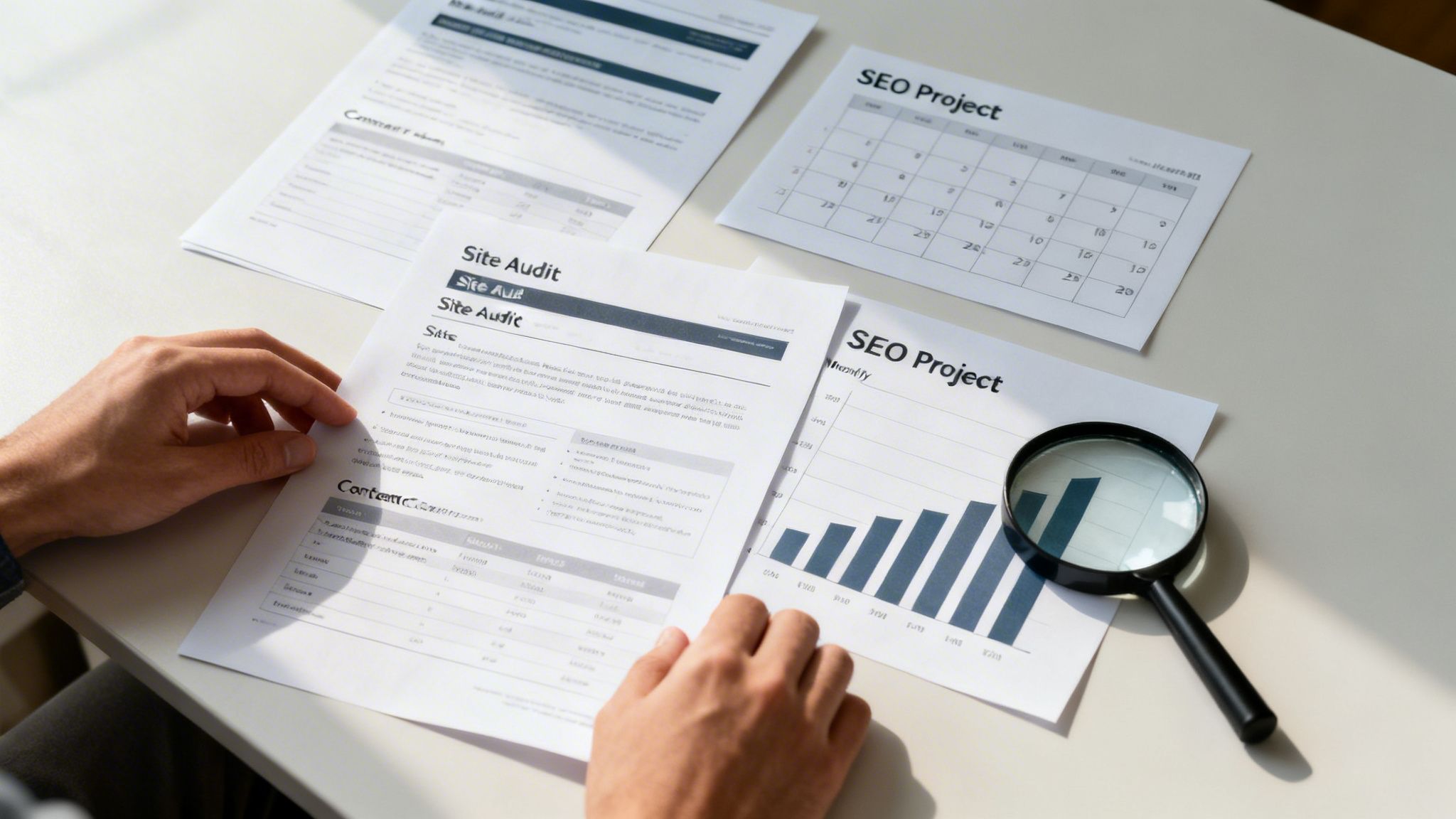 Hands reviewing a 'Site Audit' document with 'SEO Project' papers and a magnifying glass.