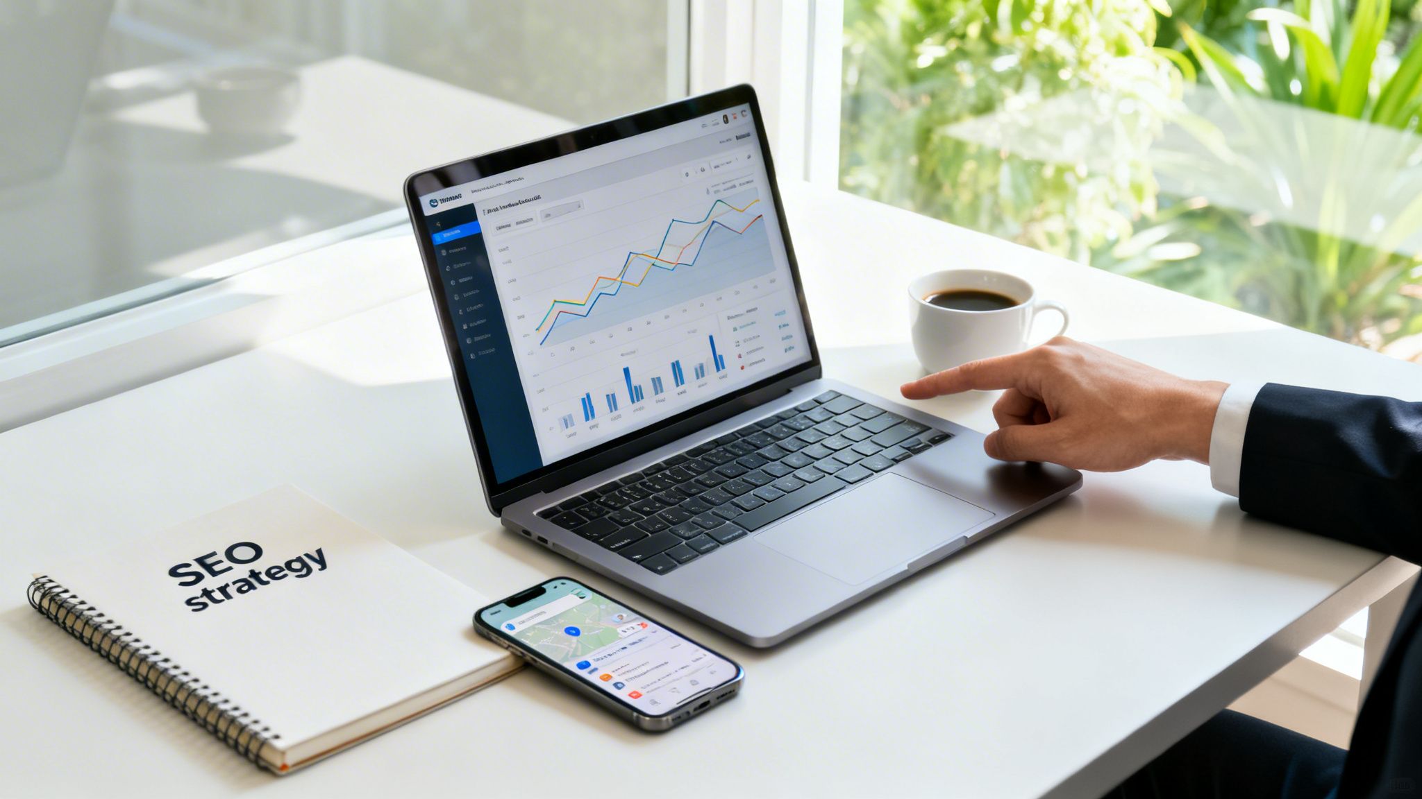 A person's hand points at a laptop displaying SEO data analytics, with an 'SEO strategy' notebook.