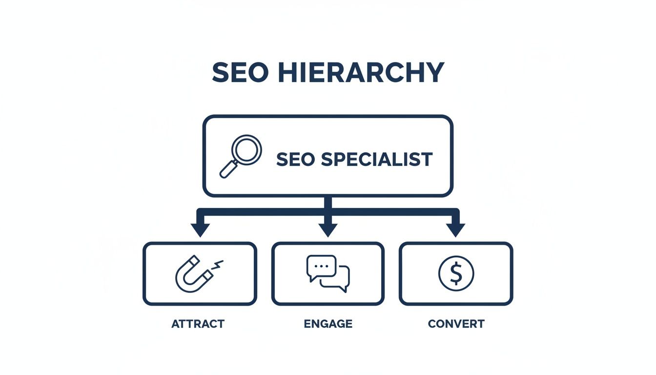 A diagram illustrating the SEO hierarchy, showing an SEO specialist's role in attracting, engaging, and converting.