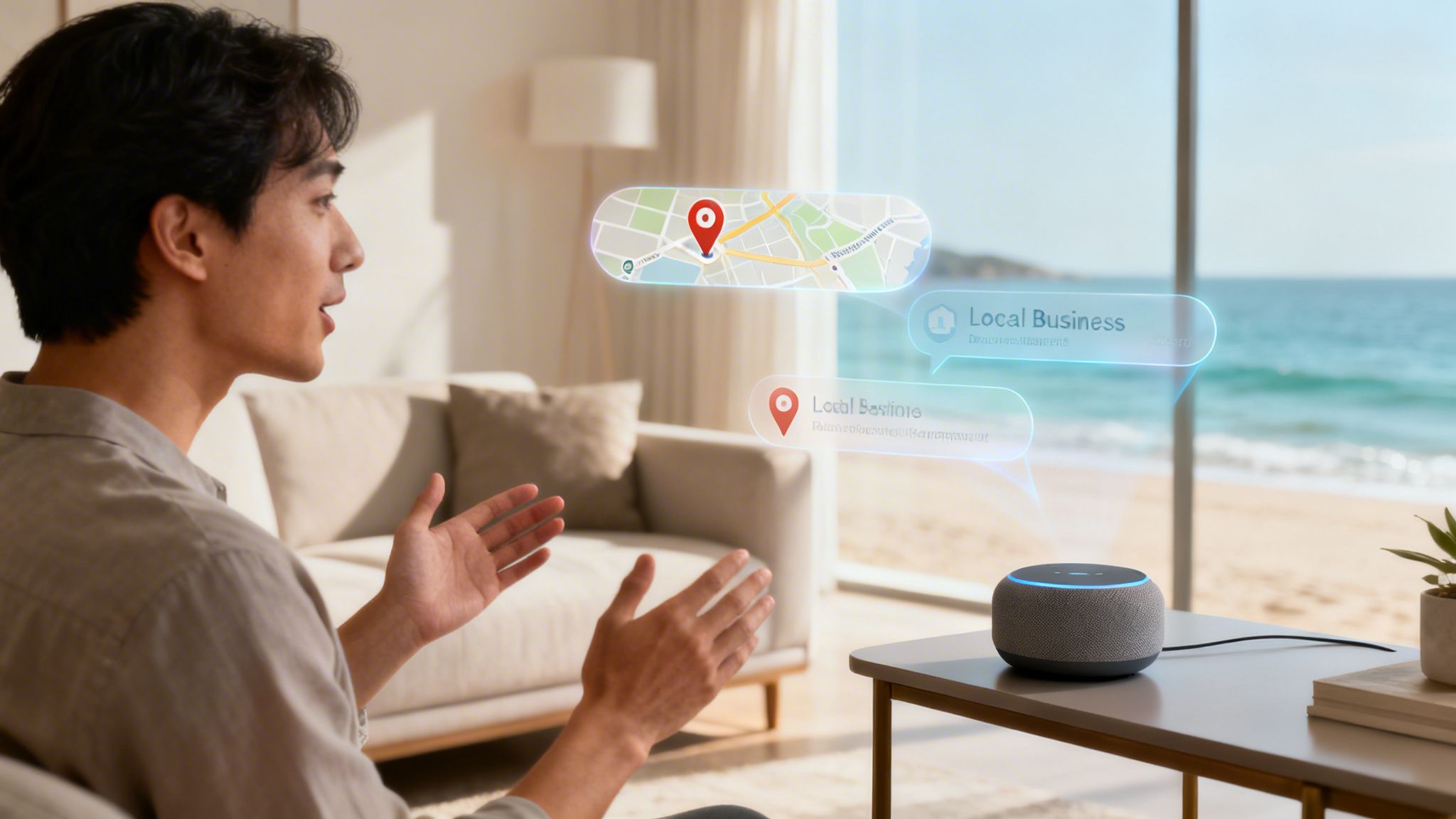 A man talking to an AI smart speaker, showing augmented reality maps and local business details in a bright, modern room by the sea.