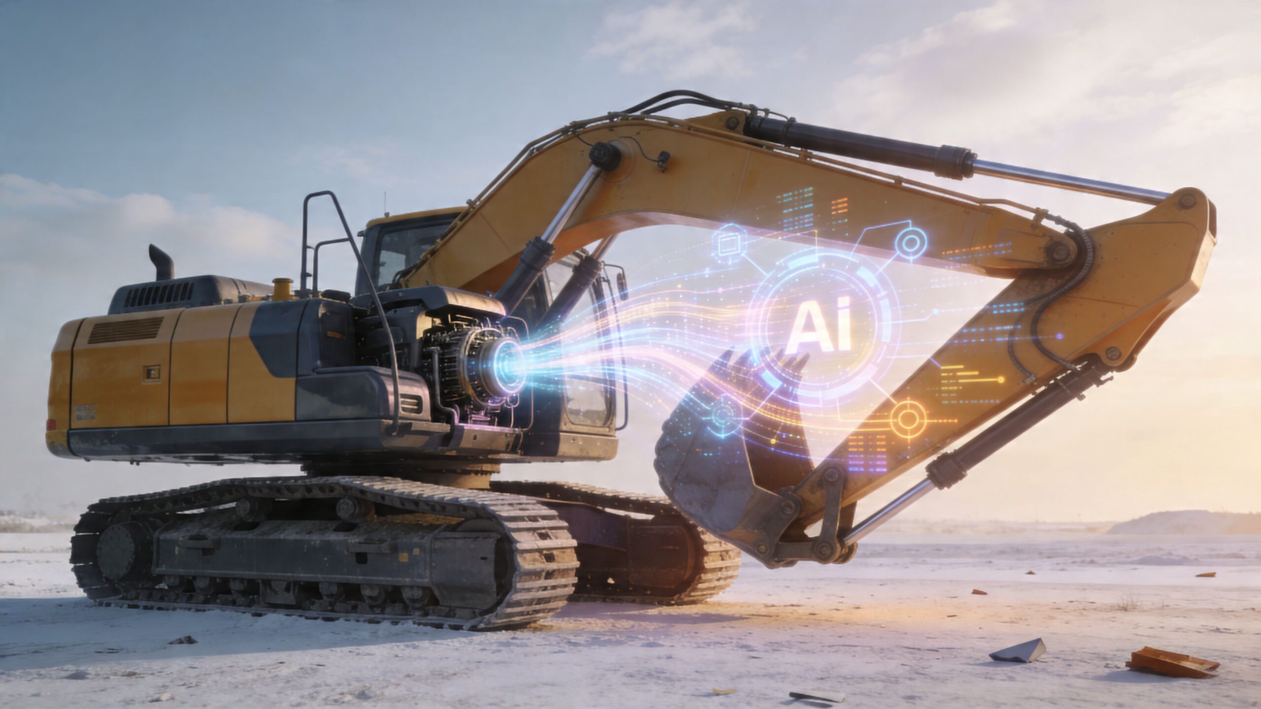A yellow excavator with a futuristic artificial intelligence digital overlay interface, representing modern construction technology and automation.