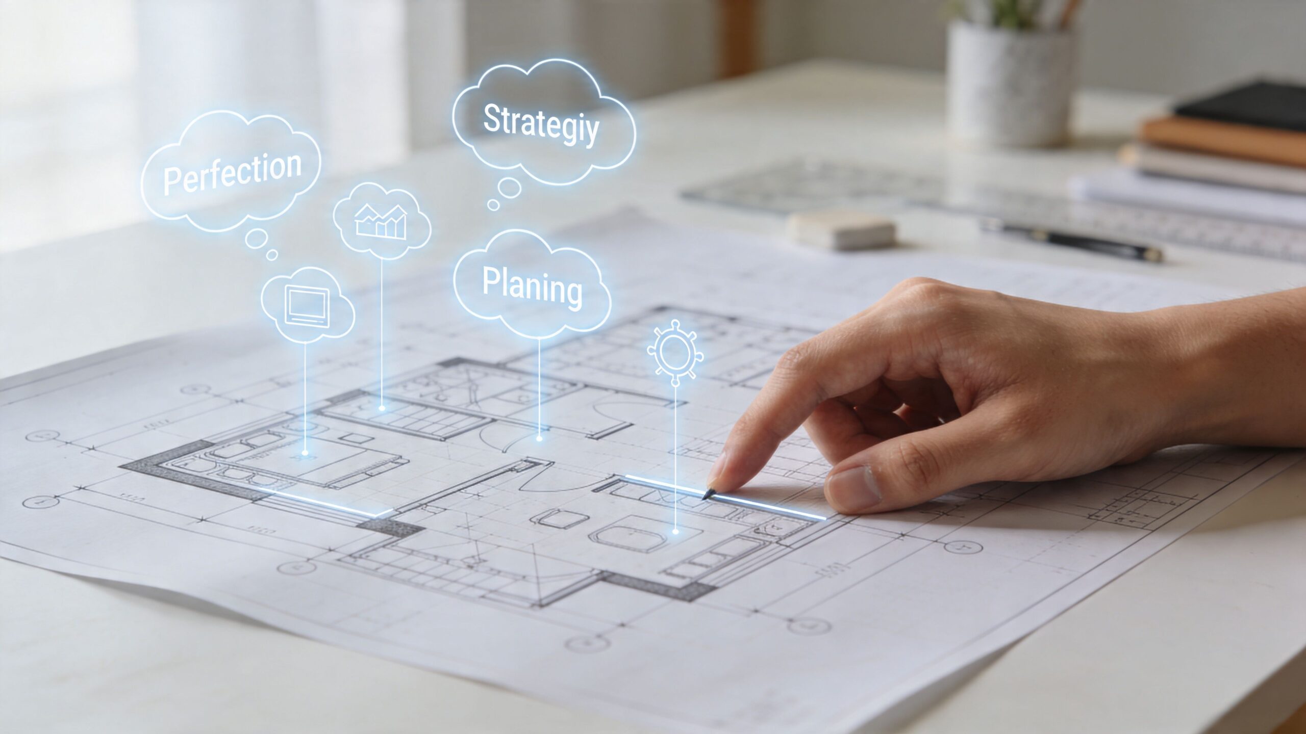An architect's hand pointing at building blueprints with digital graphic overlays of planning and strategy icons.