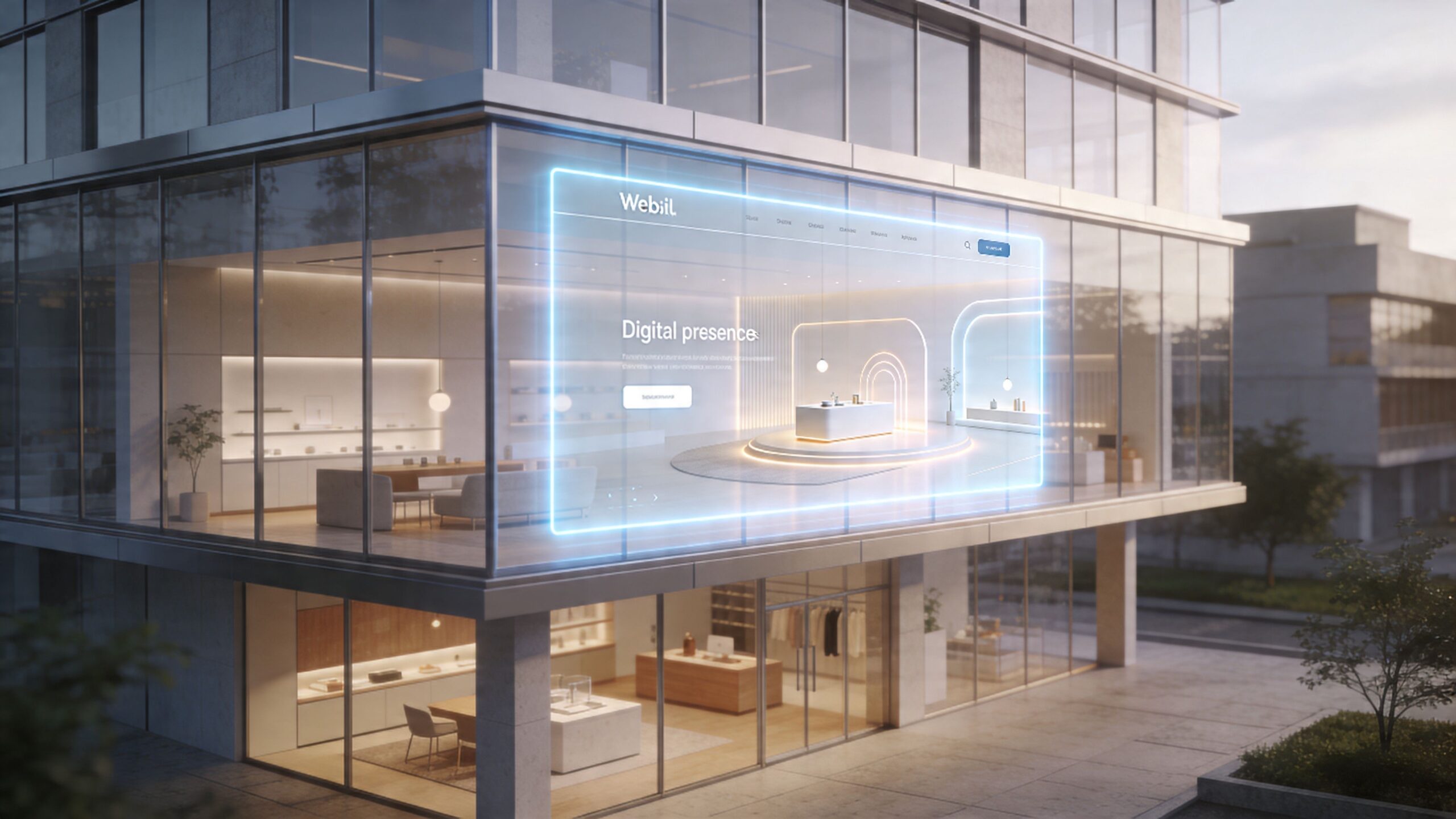 A large holographic website interface floating in front of a modern glass office building exterior.