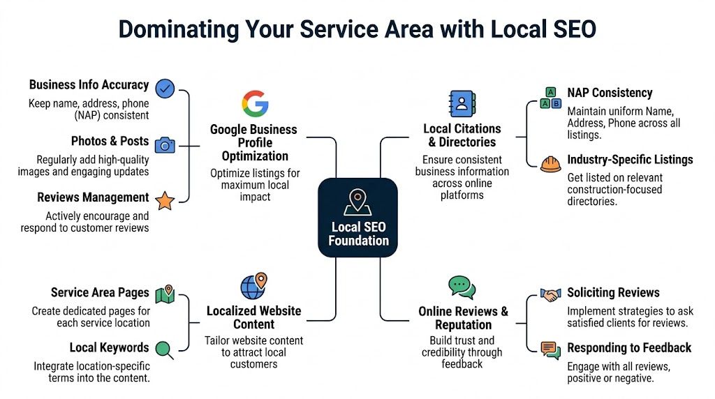 A diagram outlining the foundation of local SEO strategies including Google Business Profile and online reputation management.