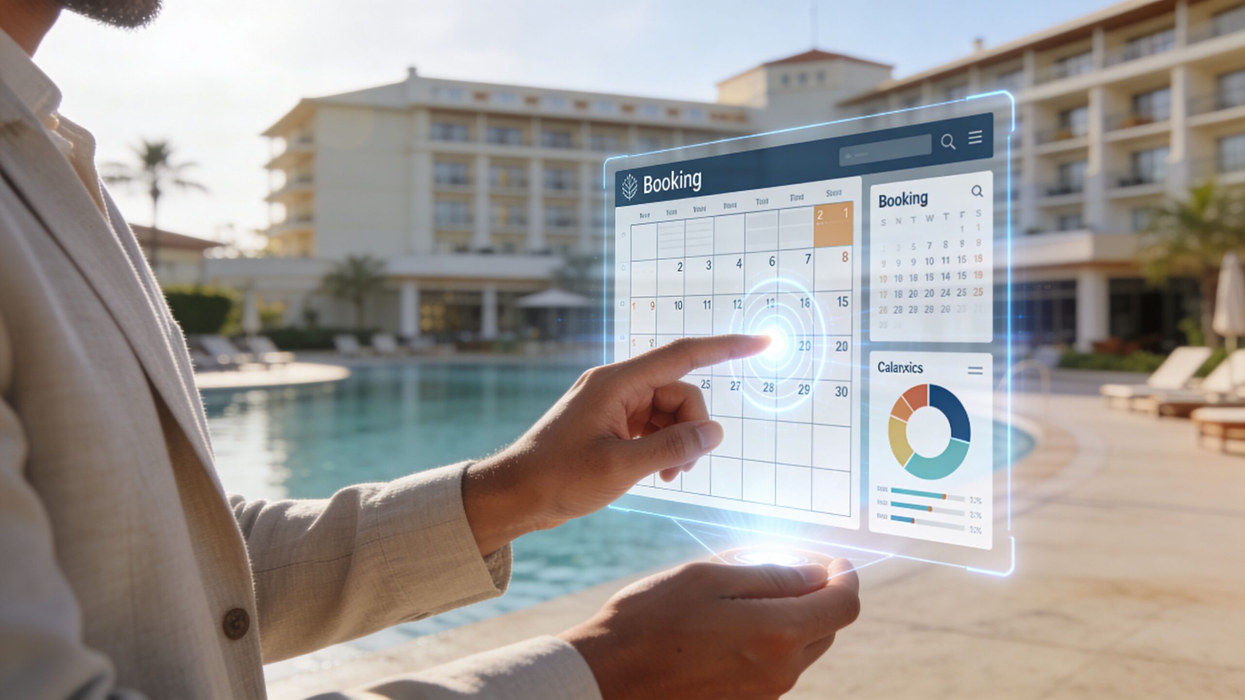 A professional using a holographic digital interface to manage hotel bookings against a resort background.