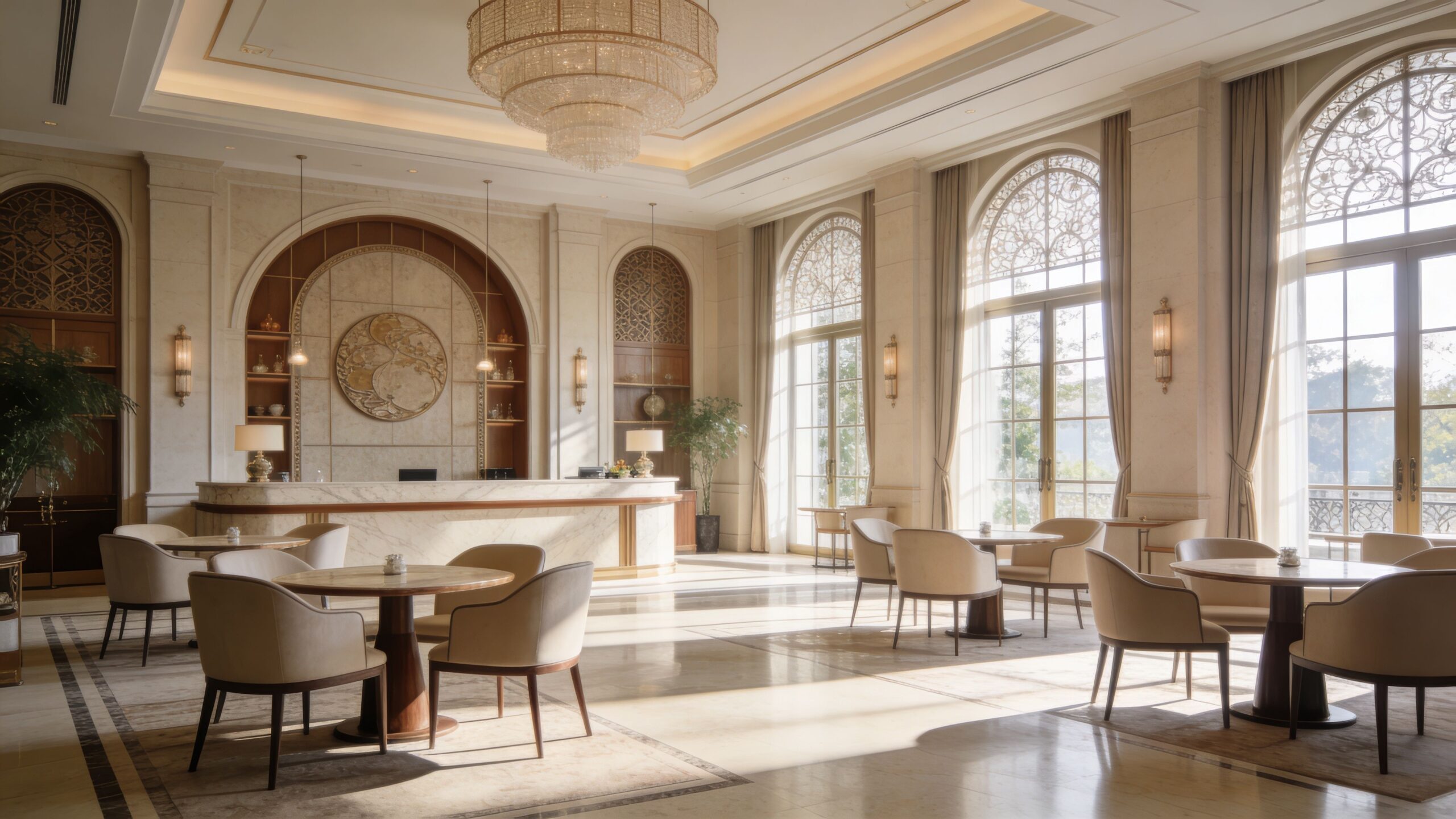 A luxurious and sunlit hotel lobby featuring modern dining tables, elegant armchairs, and a grand reception desk.