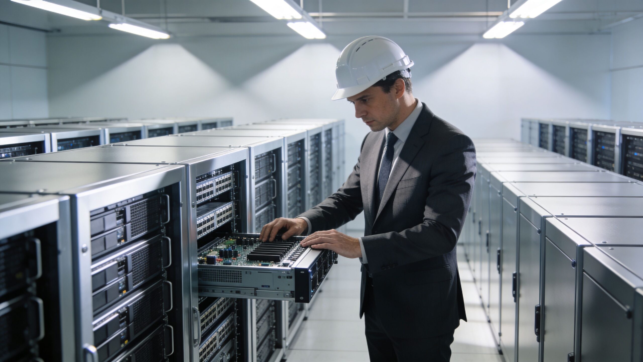 A professional IT engineer in a suit and hard hat inspecting server hardware in a data center.