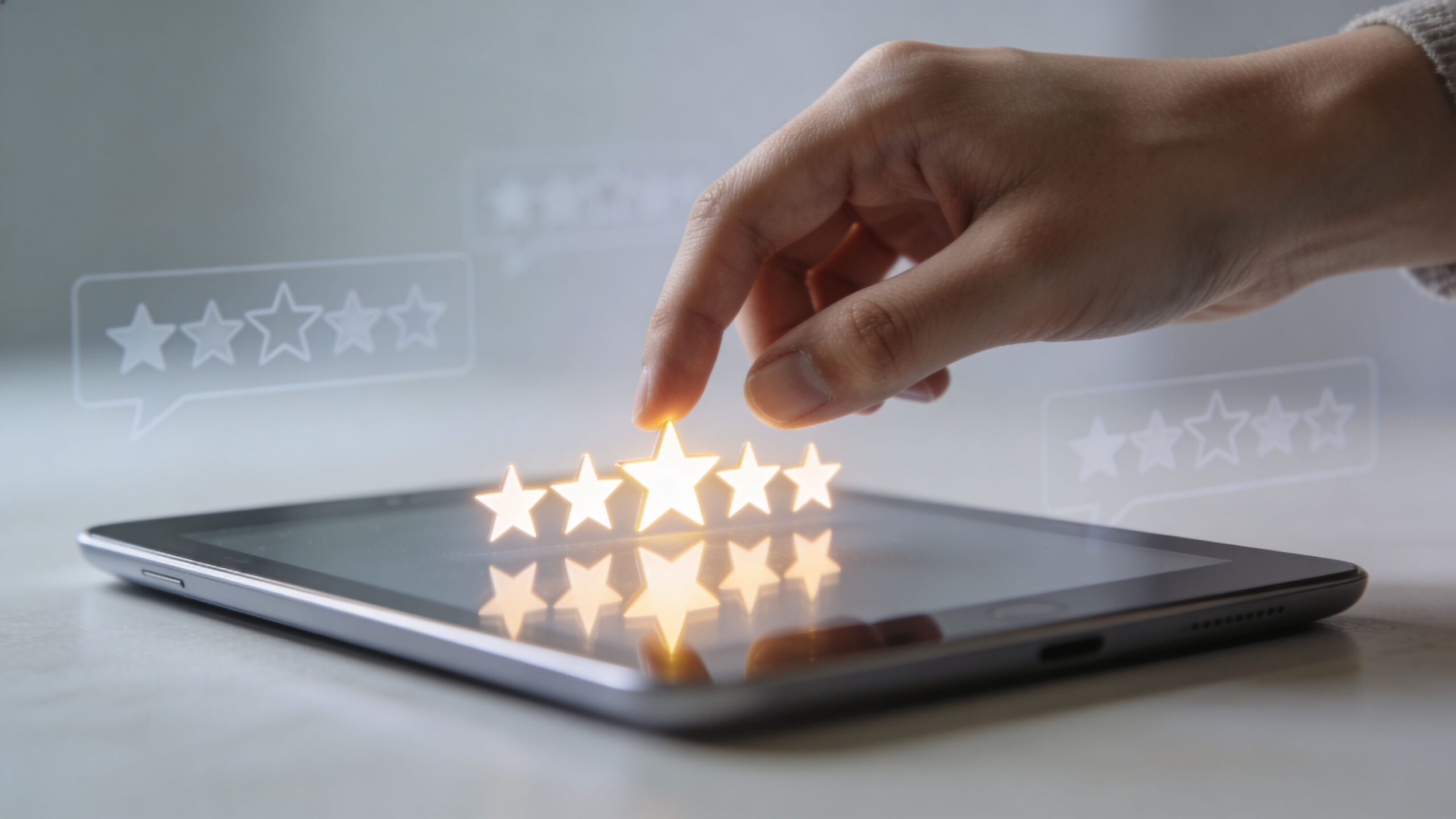 A person selecting five golden star ratings on a digital tablet to leave a positive customer review.