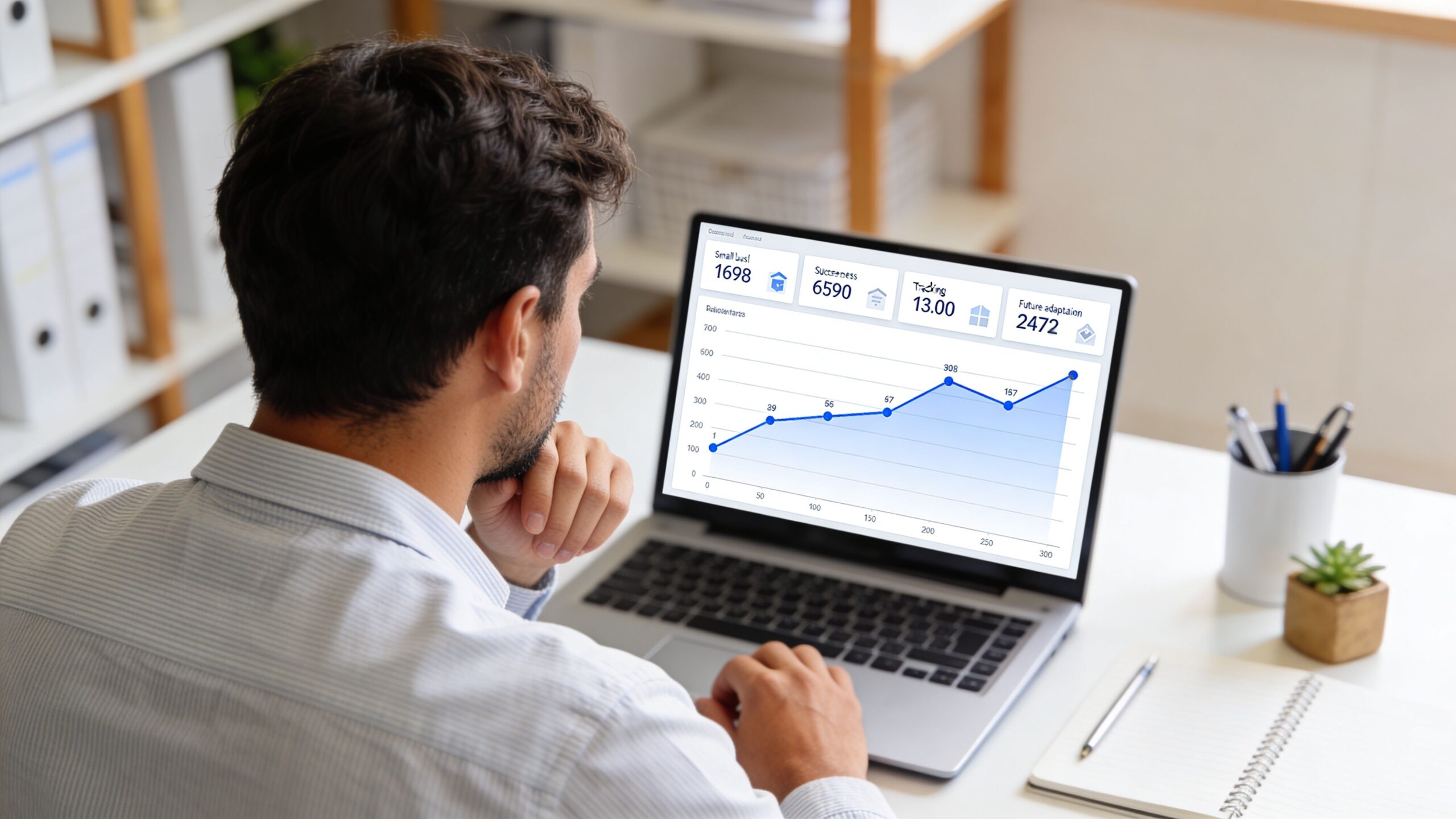 A professional analyzing business performance analytics and digital marketing data on a laptop screen in an office.
