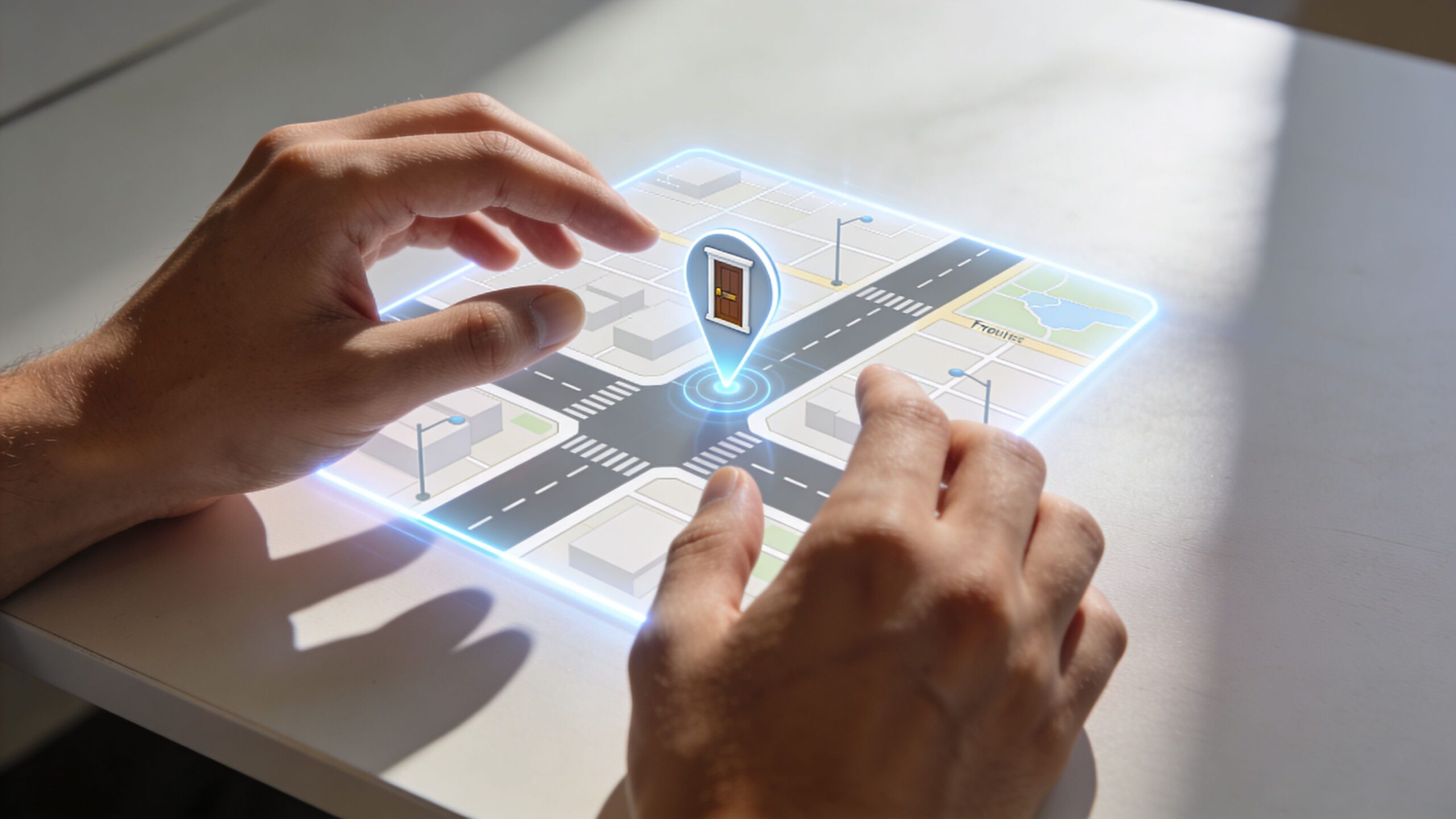 A person using an interactive holographic map display showing a door icon over a street intersection.