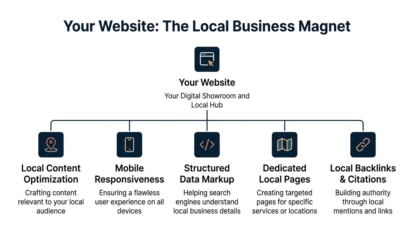 A diagram illustrating five essential components for optimizing a local business website to attract local customers.