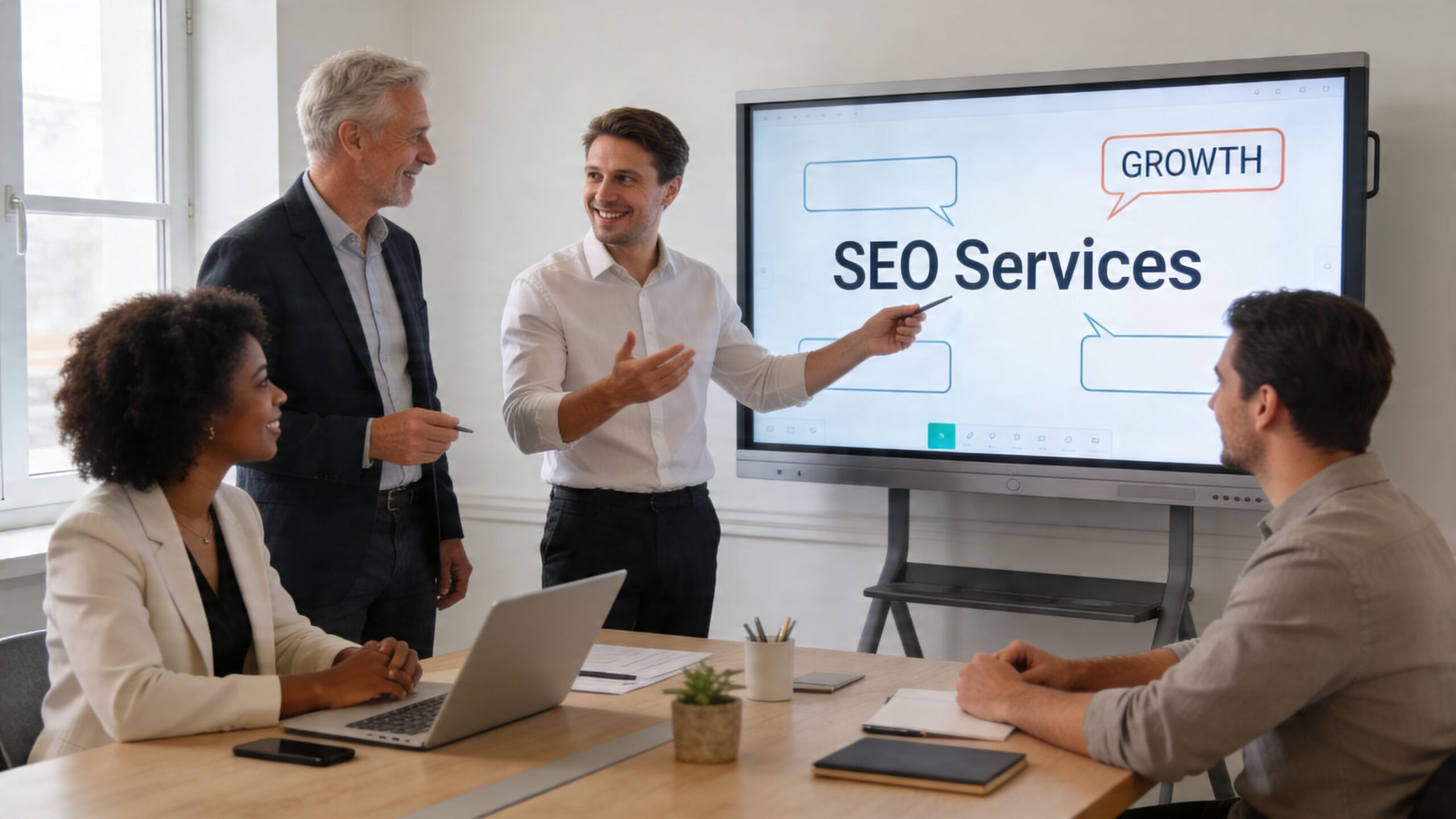 A diverse business team collaborating on SEO services strategy in a modern office meeting room.